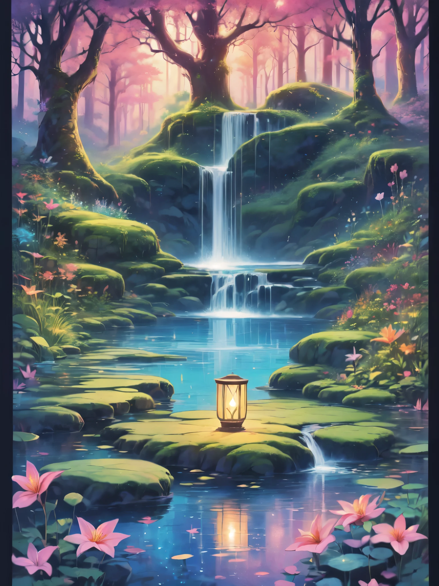 (best quality,4k,8k,highres,masterpiece:1.2),ultra-detailed,(realistic,photorealistic,photo-realistic:1.37),moonlit priestess, tropical oasis, magical pond, nocturnal mysteries, ethereal enchantment, traditional watercolor painting, lush green foliage, shimmering moonlight reflection on the water, mysterious ancient statues, soft candlelit glow, vibrant tropical flowers, serene and tranquil ambiance