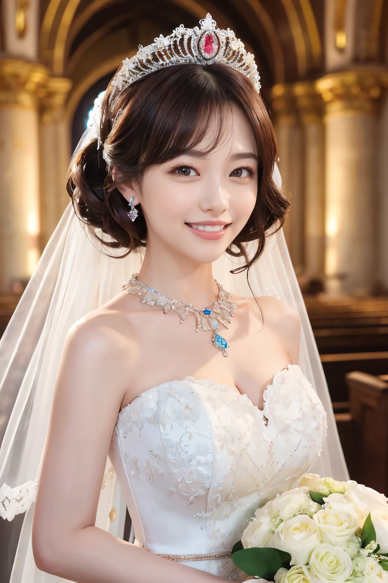 (highest quality、Tabletop、8k、Best image quality、Award-winning works)、One beautiful bride、(alone:1.1)、(The most extravagant and luxurious huge wedding dresses:1.1)、(Perfect Wedding Lace:1.2)、(The most luxurious and luxurious giant tiara:1.1)、(The most luxurious and luxurious giant necklace:1.1)、Look at me with your best smile、A large amount of the finest jewelry、Full Body Photo、Perfect Makeup、Long eyelashes、Ultra-high definition sparkling eyes、Ultra HD Hair、Ultra High Resolution Glossy Lips、Ultra High Resolution Perfect Teeth、Super high resolution beautiful face、(Accurate anatomy:1.1)、(Very bright and beautiful skin:1.2)、(very bright and vivid:1.2)、Short bridal hairstyle、A gorgeous and elegant church、Gorgeous beautiful church、short hair