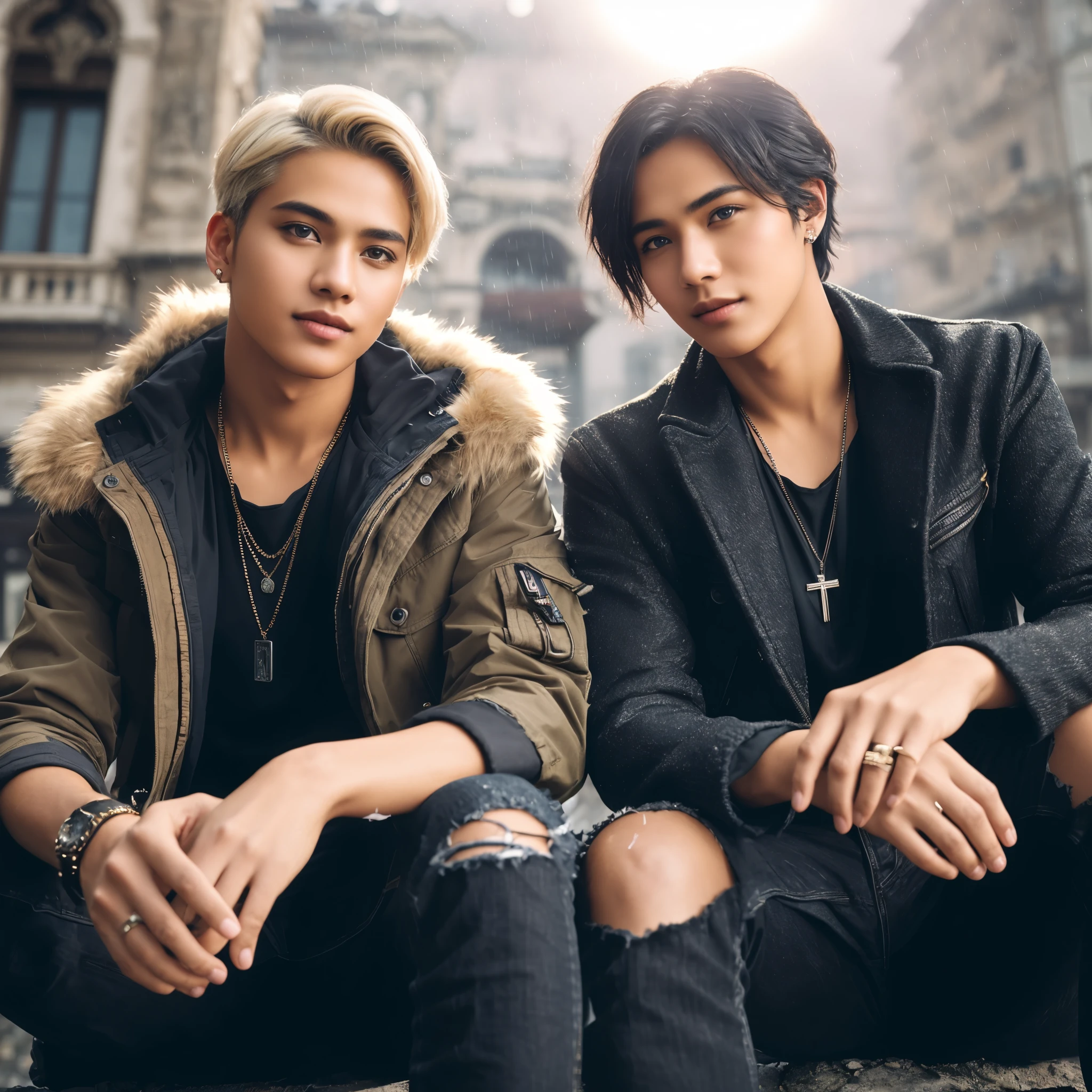 Professional photography, masterpiece, full body, two handsome Indonesian men, confident, charming, thin smiles, trendy short blonde hair, wearing parka jacket cosplayer assassin,with some necklace, they brown skin, long black ripped jeans at the knee, attractive poses, set on top of an old Italian building, dramatic lighting, lens flare, glitter effect, resembling photo Sony 7000D, ultra realistic, high definition with added elements of rain or fog