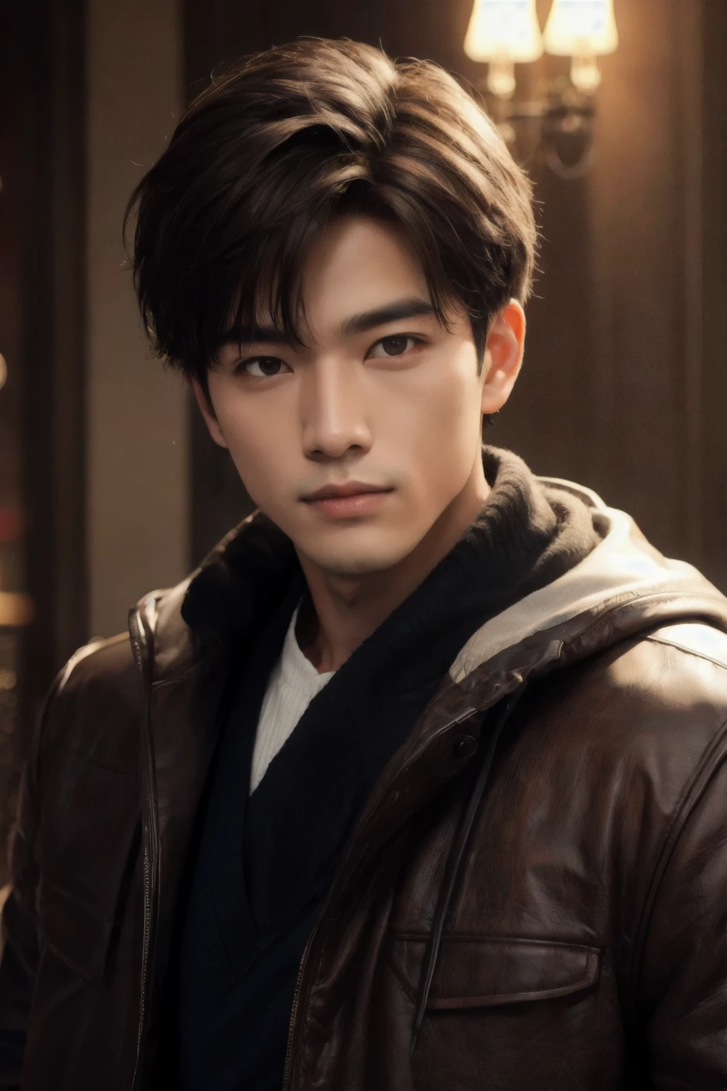 ((masterpiece)),((bestquality)),8k,high detailed,ultra-detailed, depth of field, wide angle,1boy, male focus, solo, handsome face, Neutral Expression, Stylish Pose, volumetric lighting,stare,real skin texture,Midium shot,