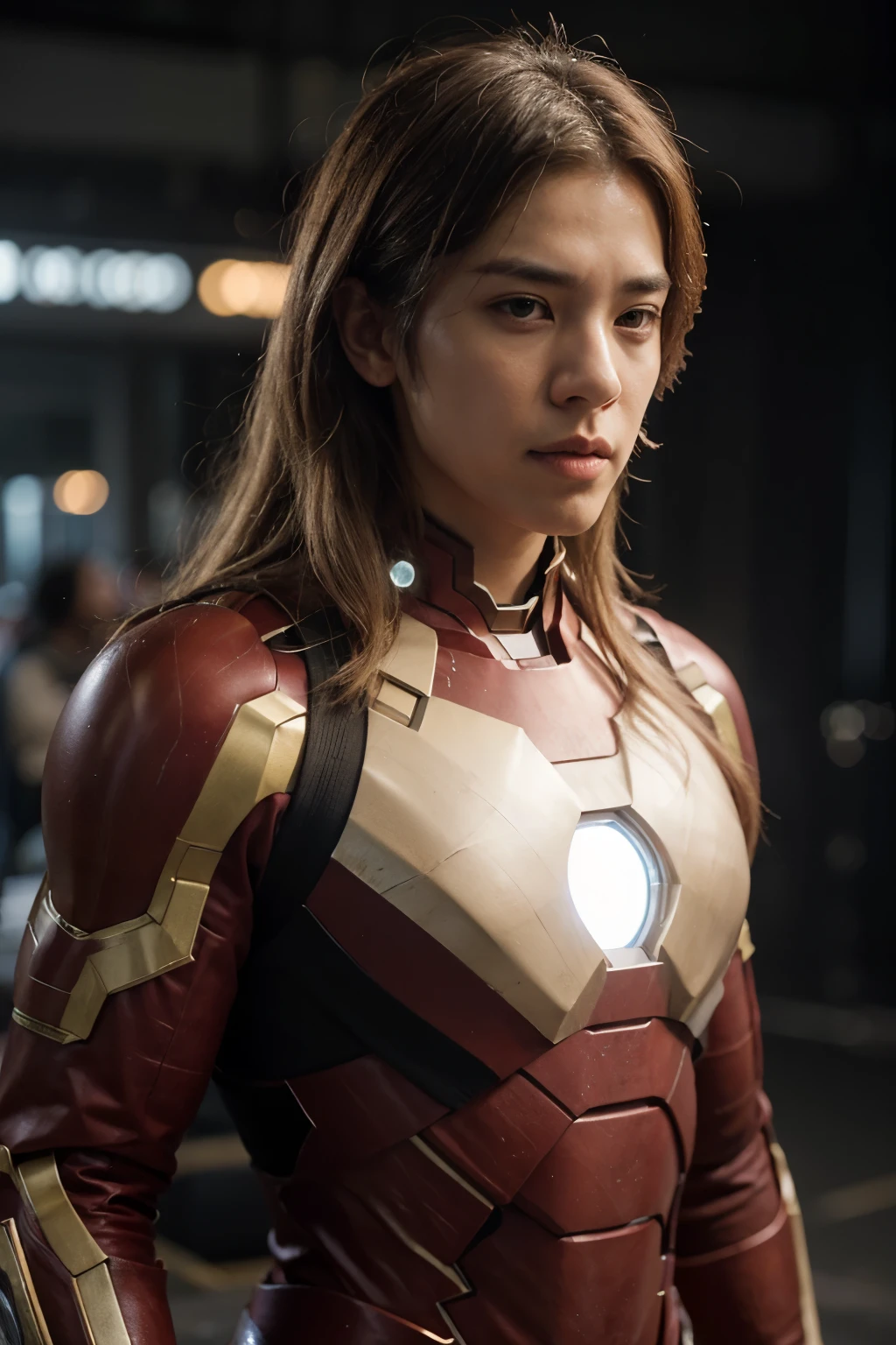 Baekhyun from Exo with long white hair as Ironman in a battlefield 
