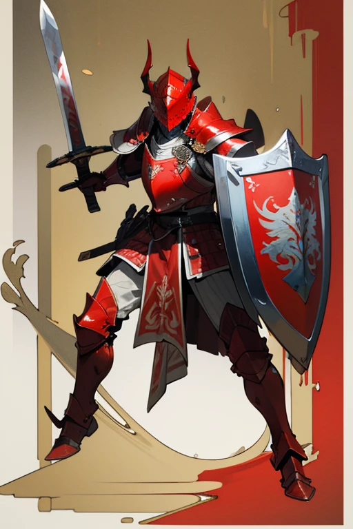 ((highest quality)), ((masterpiece)), (Familiar), One man,Fantasy,Red Knight,Full Body Armor,Full-face helmet,Two-horned helmet,Red Armor,大sword,Red Armor,Golden decoration,White pattern,sword,Cape,shield