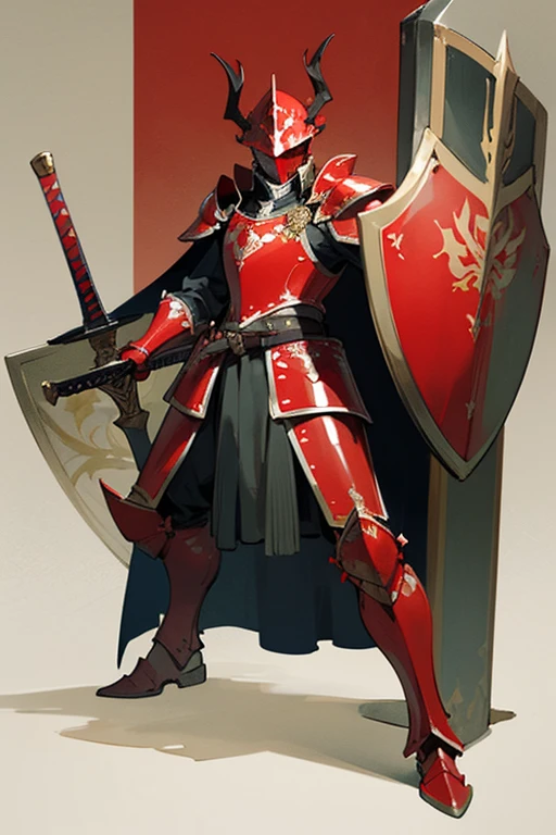 ((highest quality)), ((masterpiece)), (Familiar), One man,Fantasy,Red Knight,Full Body Armor,Full-face helmet,Two-horned helmet,Red Armor,大sword,Red Armor,Golden decoration,White pattern,sword,Cape,shield