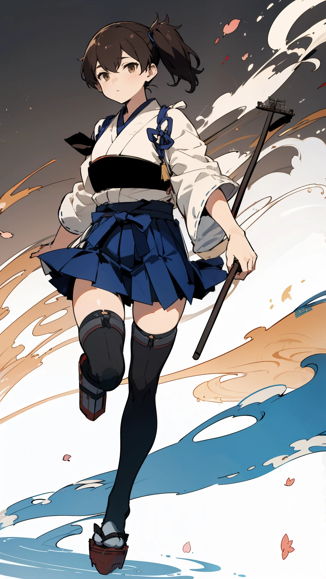 (masterpiece, highest quality) detailed, kaga (kancolle), {{kaga kai ni (kancolle)}}, side ponytail, brown eyes, black long hair, black thighhighs, short skirt, hakama skirt, japanese clothes, , blue hakama, hakama, muneate, tasuki, whole body,Chinese element pattern,thigh, Japanese bow, Ready the Japanese bow