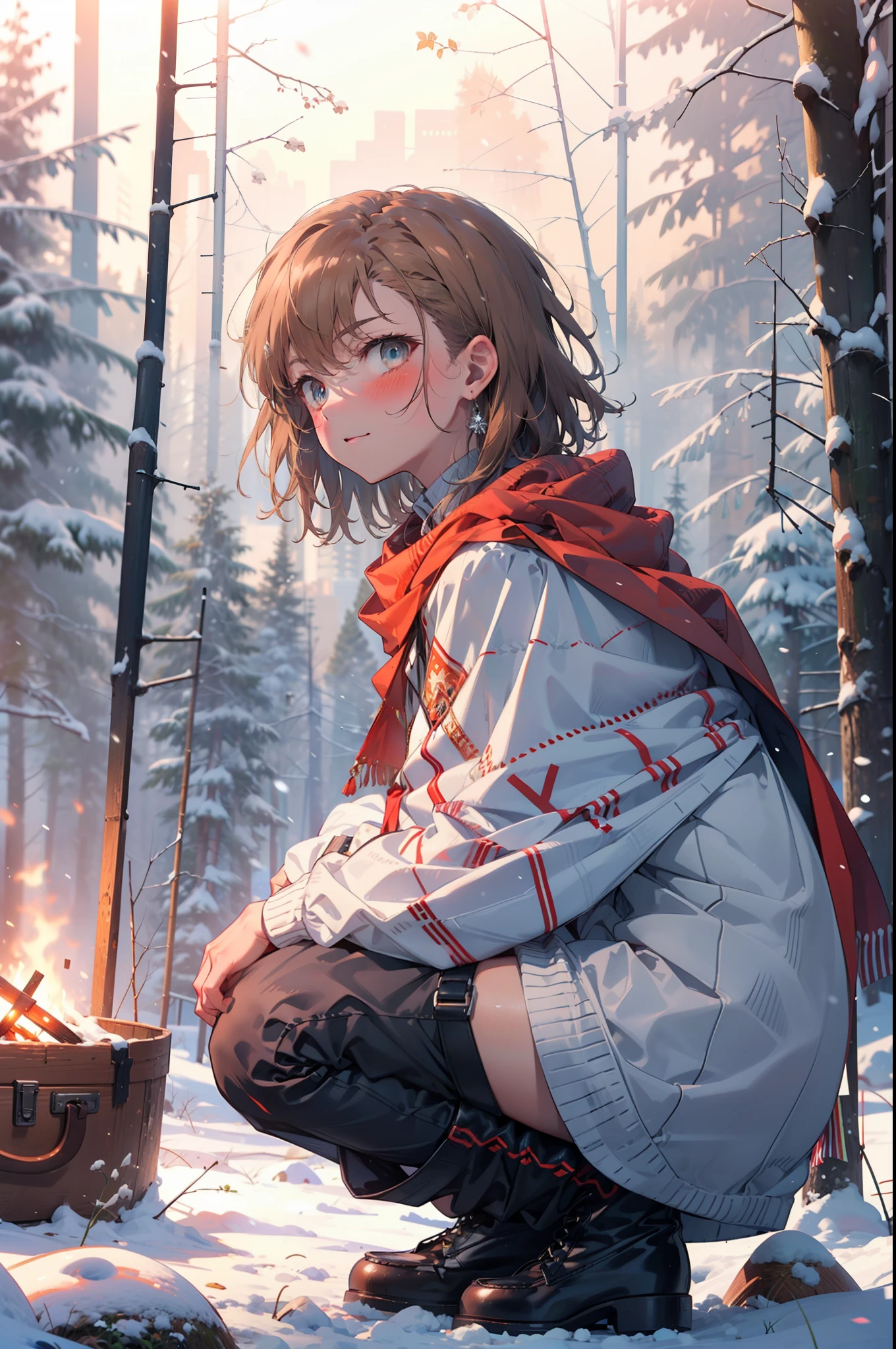 Mycotrose, Brown eyes,Brown Hair,short hair,smile,blush,White Breath,
Open your mouth,snow,Ground bonfire, Outdoor, boots, snowing, From the side, wood, suitcase, Cape, Blurred, Eat a meal, forest, White handbag, nature, Squat, Mouth closed, Cape, winter, Written boundary depth, Black shoes, red Cape break looking at viewer, Upper Body, whole body, break Outdoor, forest, nature, break (masterpiece:1.2), highest quality, High resolution, unity 8k wallpaper, (shape:0.8), (Beautiful and beautiful eyes:1.6), Highly detailed face, Perfect lighting, Highly detailed CG, (Perfect hands, Perfect Anatomy),