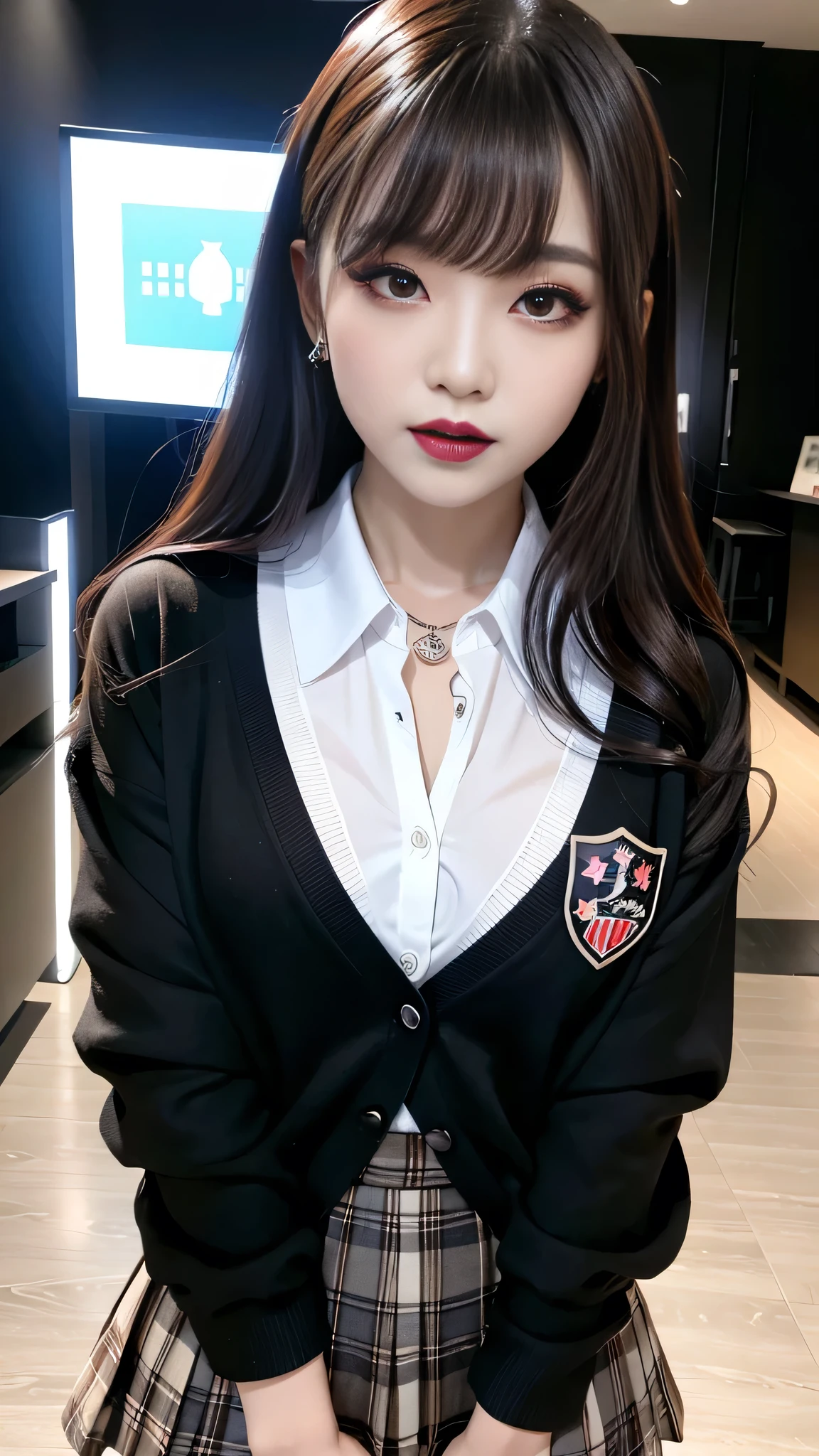 best quality、ultra-detailed、4k、Japanese、Seductive beauty、seductive adult woman、Pretty Woman、cool girl、Villainess、Brainwashed、brainwash、Fallen into evil、smirk、Evil look、Wicked Smile、evil、Brown hair、wavy hair、swept bangs、dark makeup、dark makeup、piercing eyes、hollow eyes,half-closed eyes、Hollow Eyes、purple Eyeshadow、black lipstick、black lipglos、student、uniform、Black cardigan、White Shirt、Black Ribbon、flare skirt、pantyhose、night、inside darkroom、Applying lipstick、Emblem of Evil、Crest of Darkness、Swear allegiance、I have pledged my allegiance、Dye black、Blackening、Stained with evil、Dyed in darkness、Seduce