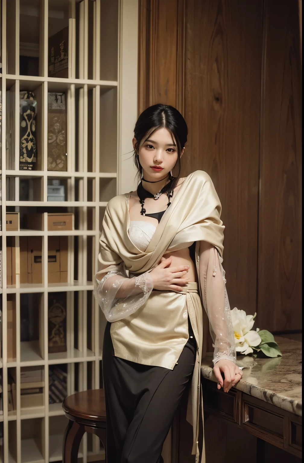 (Best quality, 8k, 32k, Masterpiece, UHD:1.2) "Generate a captivating artwork featuring a young Japanese girl model with short, sleek black hair styled in a chic bob haircut. Envision her bathed in dramatic cinematic lighting, creating an atmosphere of allure and mystery. Emphasize a romantic aesthetic vibe, showcasing the model in a poised and elegant pose that evokes a sense of intimacy and sophistication. Utilize warm and soft tones to enhance the romantic ambiance, and consider incorporating elements like flowing fabrics or flowers to add a touch of ethereal beauty. Capture the essence of romance and beauty through the model's expression, the play of light and shadows, and the overall aesthetic, creating a visually compelling and emotionally resonant piece." (perfect eyes), flawless skin, flawless face, cinematic, tight body, ((well-proportion female hands)), ((female hands with five digits))