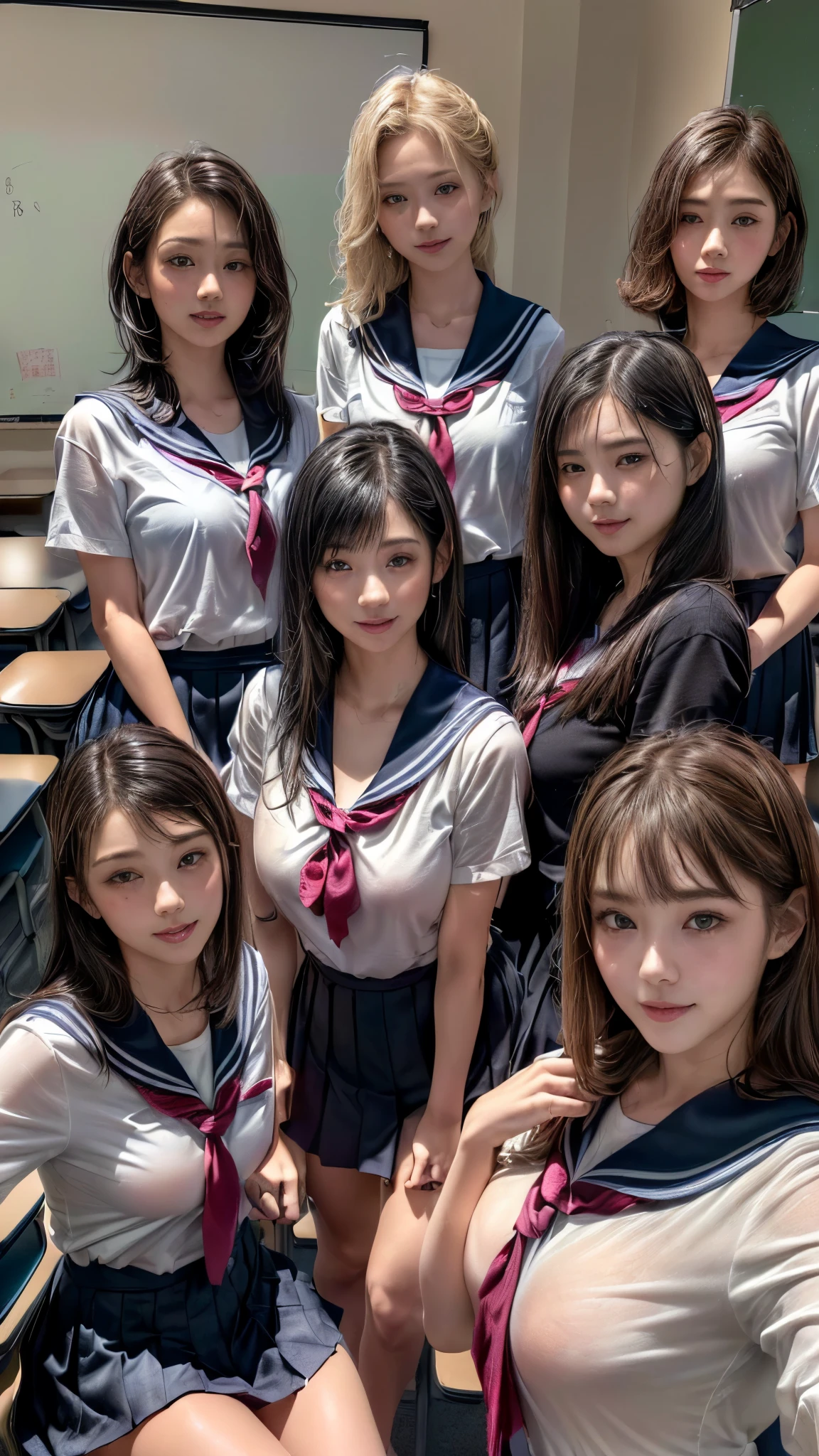 (((Five girls with different personalities come together)))、(((Jet black hair)))、(18-year-old)、((Small Tits))、((Small breasts))、((Straight hair))、smile、(((Everyone has a different hairstyle:1.25))、highest quality、Ultra-high resolution、(Realistic:1.85)、Beautiful Japanese Eyes、Super beautiful girl、Beautiful breasts、shy smile、Perfect Style、Perfect balance、Fine skin、A gentle gaze、((Delicate painting))，(Detailed RAW photos of girls), (Pieces fly:1.25), (highest quality:1.6), (Ultra-high resolution:1.5), (Realisticですです:1.75), 8k resolution, Canon EOS R5, 50mm, Absurd, Very detailed,Cinema Lighting、((Female ))、((Sailor suit))、((Pleated mini skirt))、(((classroom:1.25)))