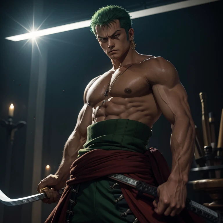 A man, embodying the realistic portrayal of Roronoa Zoro from One Piece, stands boldly with three swords gripped firmly in his hands. The three-sword style, a testament to his mastery, shines under the high dynamic range (HDR) lighting. With his eyes locked on an unseen enemy, the muscles on his face are taut, as he readies himself for an imminent attack.