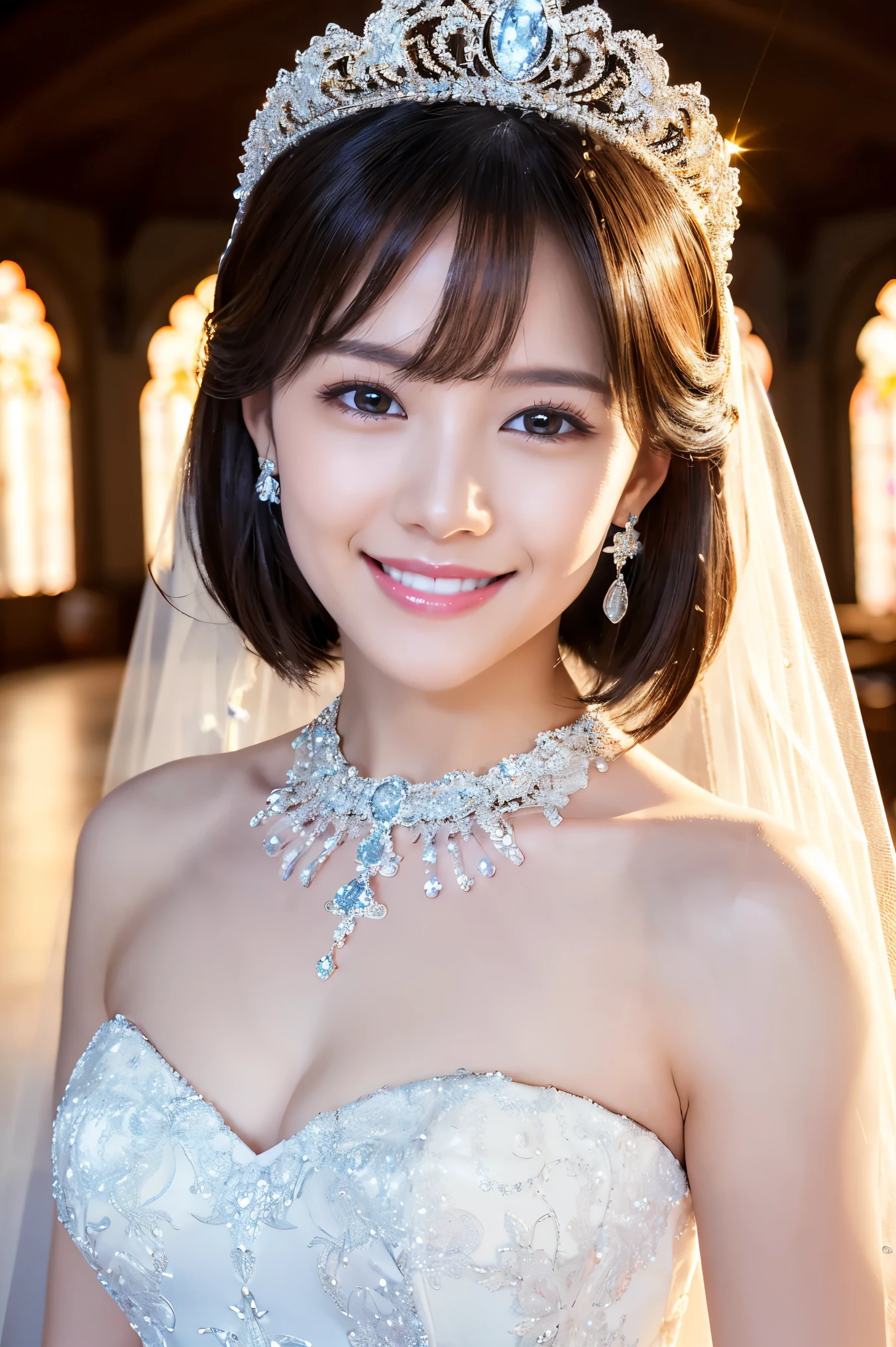 (highest quality、Tabletop、8k、Best image quality、Award-winning works)、One beautiful bride、(alone:1.1)、(The most extravagant and luxurious huge wedding dresses:1.1)、(Perfect Wedding Lace:1.2)、(The most luxurious and luxurious giant tiara:1.1)、(The most luxurious and luxurious giant necklace:1.1)、Look at me with your best smile、A large amount of the finest jewelry、Upper body photo、Perfect Makeup、Long eyelashes、Ultra-high definition sparkling eyes、Ultra HD Hair、Ultra High Resolution Glossy Lips、Ultra High Resolution Perfect Teeth、Super high resolution beautiful face、(Accurate anatomy:1.1)、(Very bright and beautiful skin:1.2)、(very bright and vivid:1.2)、Short bridal hairstyle、A gorgeous and elegant church、Gorgeous beautiful church、short hair