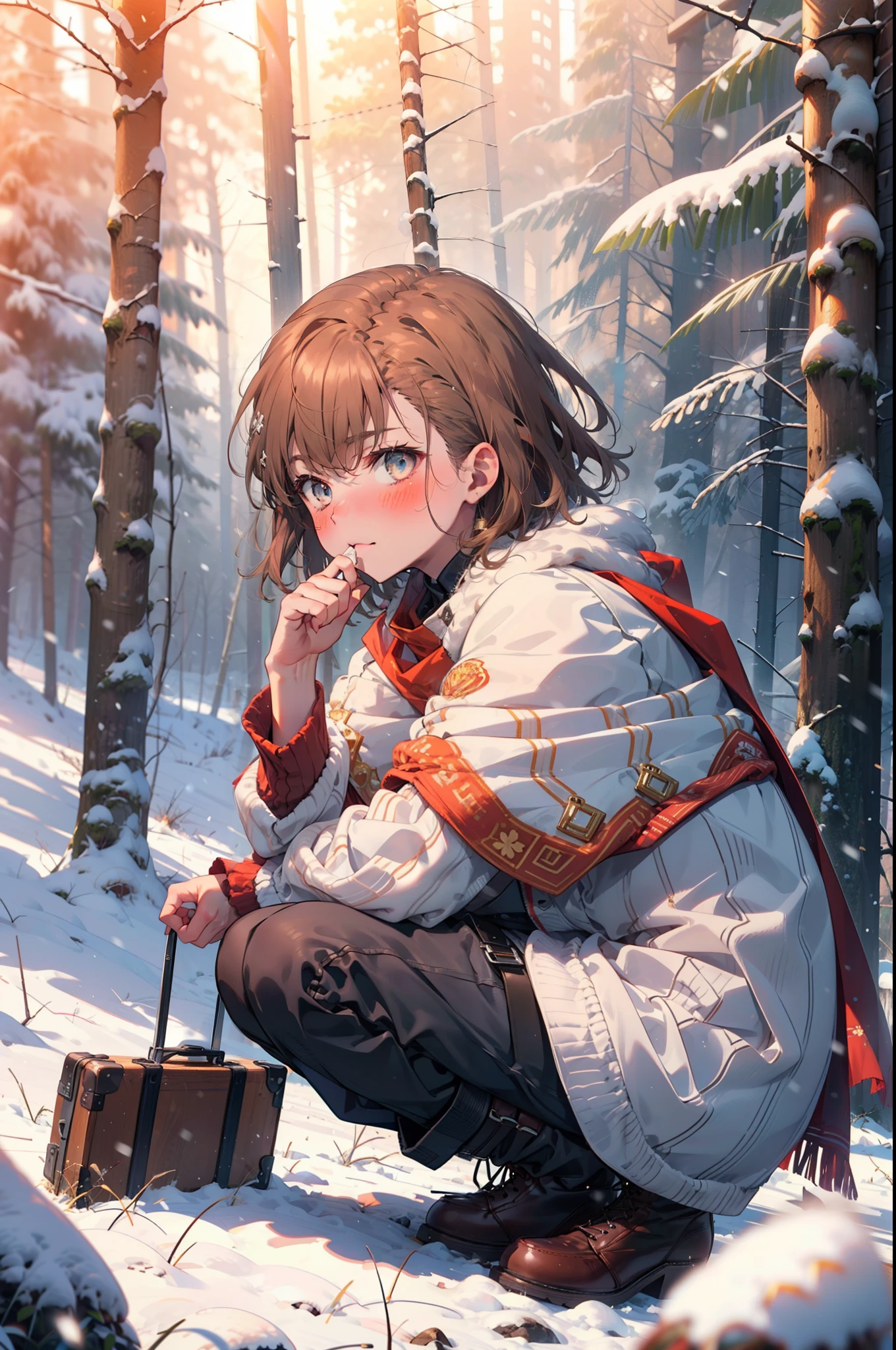Mycotrose, Brown eyes,Brown Hair,short hair,smile,blush,White Breath,
Open your mouth,snow,Ground bonfire, Outdoor, boots, snowing, From the side, wood, suitcase, Cape, Blurred, Eat a meal, forest, White handbag, nature, Squat, Mouth closed, Cape, winter, Written boundary depth, Black shoes, red Cape break looking at viewer, Upper Body, whole body, break Outdoor, forest, nature, break (masterpiece:1.2), highest quality, High resolution, unity 8k wallpaper, (shape:0.8), (Beautiful and beautiful eyes:1.6), Highly detailed face, Perfect lighting, Highly detailed CG, (Perfect hands, Perfect Anatomy),