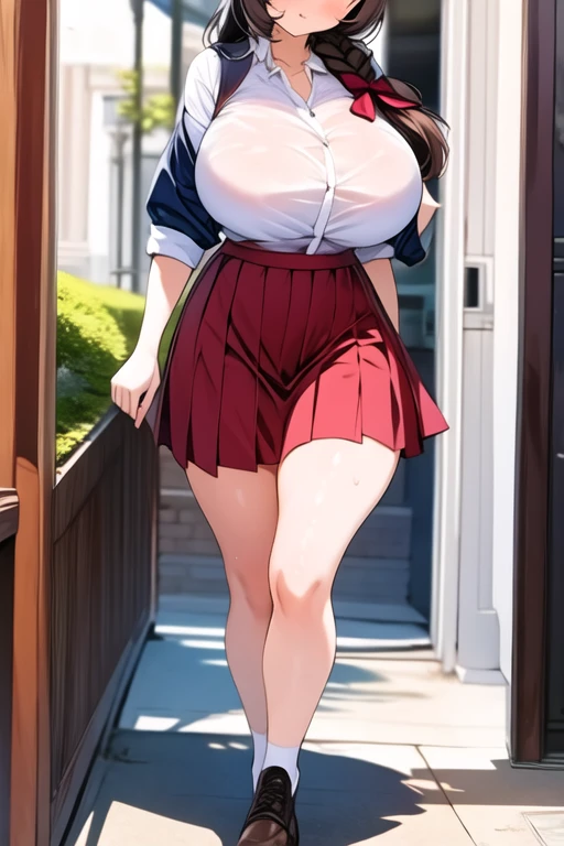 (masterpiece, best quality:1.2), 1girl, solo, yunyun, braid, brown hair, full body, huge breasts, pleated skirt, walking