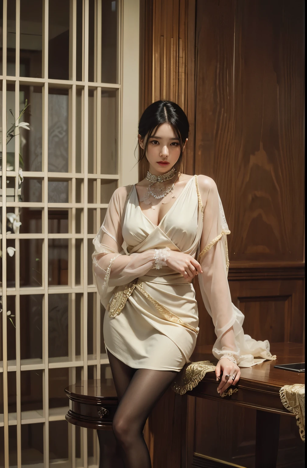 (Best quality, 8k, 32k, Masterpiece, UHD:1.2) "Generate a captivating artwork featuring a young Japanese girl model with short, sleek black hair styled in a chic bob haircut. Envision her bathed in dramatic cinematic lighting, creating an atmosphere of allure and mystery. Emphasize a romantic aesthetic vibe, showcasing the model in a poised and elegant pose that evokes a sense of intimacy and sophistication. Utilize warm and soft tones to enhance the romantic ambiance, and consider incorporating elements like flowing fabrics or flowers to add a touch of ethereal beauty. Capture the essence of romance and beauty through the model's expression, the play of light and shadows, and the overall aesthetic, creating a visually compelling and emotionally resonant piece." (perfect eyes), flawless skin, flawless face, cinematic, tight body, ((well-proportion female hands)), ((female hands with five digits))