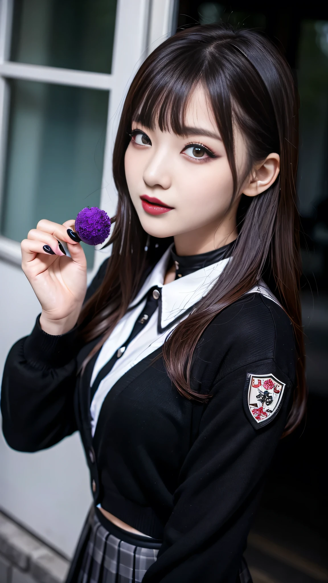 best quality、ultra-detailed、4k、Japanese、Seductive beauty、seductive adult woman、Pretty Woman、cool girl、Villainess、Brainwashed、brainwash、Fallen into evil、smirk、Evil look、Wicked Smile、evil、Brown hair、wavy hair、swept bangs、dark makeup、dark makeup、piercing eyes、hollow eyes,half-closed eyes、Hollow Eyes、purple Eyeshadow、black lipstick、black lipglos、student、uniform、Black cardigan、White Shirt、Black Ribbon、flare skirt、pantyhose、night、inside darkroom、Applying lipstick、Emblem of Evil、Crest of Darkness、Swear allegiance、I have pledged my allegiance、Dye black、Blackening、Stained with evil、Dyed in darkness、Seduce
