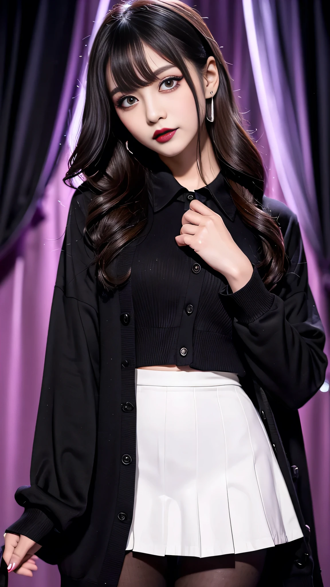 best quality、ultra-detailed、4k、Japanese、Seductive beauty、seductive adult woman、Pretty Woman、cool girl、Villainess、Brainwashed、brainwash、Fallen into evil、smirk、Evil look、Wicked Smile、evil、Brown hair、wavy hair、swept bangs、dark makeup、dark makeup、piercing eyes、hollow eyes,half-closed eyes、Hollow Eyes、purple Eyeshadow、black lipstick、black lipglos、student、uniform、Black cardigan、White Shirt、Black Ribbon、flare skirt、pantyhose、night、inside darkroom、Applying lipstick、Emblem of Evil、Crest of Darkness、Swear allegiance、I have pledged my allegiance、Dye black、Blackening、Stained with evil、Dyed in darkness、Seduce