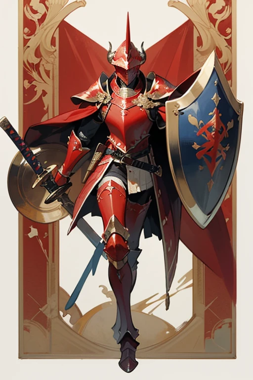 ((highest quality)), ((masterpiece)), (Familiar), One man,Fantasy,Red Knight,Full Body Armor,Full-face helmet,Two-horned helmet,Red Armor,大sword,Red Armor,Golden decoration,White pattern,sword,Cape,shield