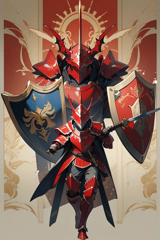((highest quality)), ((masterpiece)), (Familiar), One man,Fantasy,Red Knight,Full Body Armor,Full-face helmet,Two-horned helmet,Red Armor,大sword,Red Armor,Golden decoration,White pattern,sword,Cape,shield