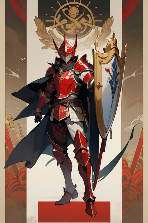 ((highest quality)), ((masterpiece)), (Familiar), One man,Fantasy,Red Knight,Full Body Armor,Full-face helmet,Two-horned helmet,Red Armor,大sword,Red Armor,Golden decoration,White pattern,sword,Cape,shield