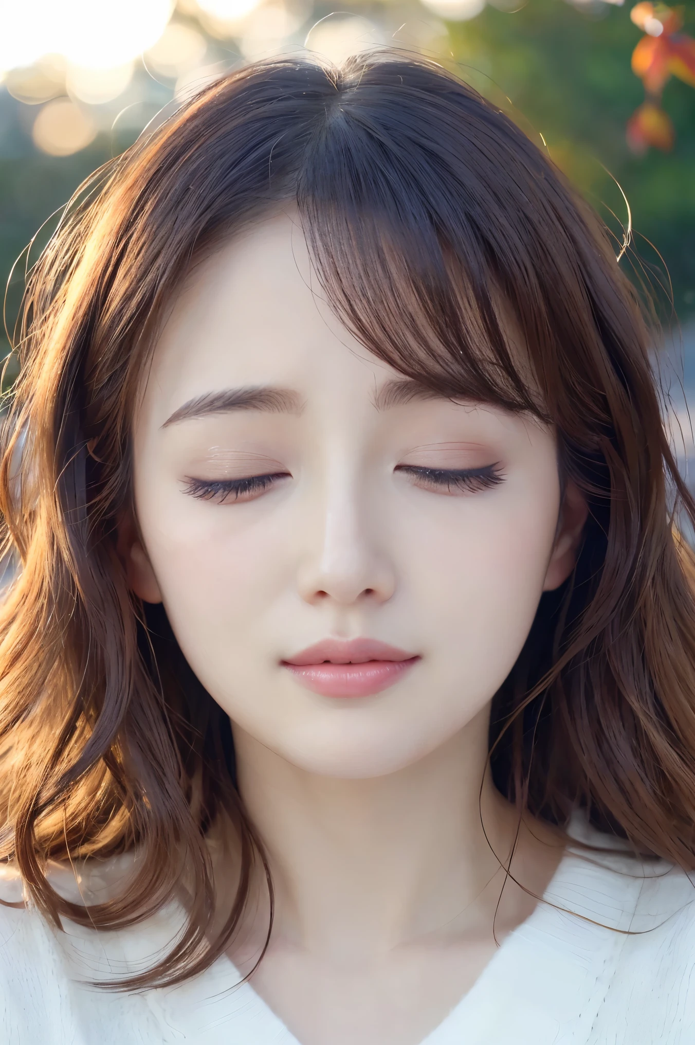 (highest quality、Tabletop、8k、Best image quality、Award-winning works)、(Please close your eyes completely:1.1)、(Closed lips:1.1)、(Bring your face closer:1.1)、(Put your lips on mine:1.1)、(Face close-up:1.3)、(Take a selfie with your arms outstretched:1.5)、Long Wavy Hair、Knitted sweater、(完璧に整備された美しい秋の公園のBlurred Background:1.1)、Autumn scenery、The most natural and perfect park background、Red autumn leaves、wood々Beautiful sunlight shining through the gap、(Romantic Sunset:1.2)、(A vibrant and spectacular sunset:1.1)、(Blurred Background:1.1)、Great cinema lighting、Beautiful glossy lipstick、Perfect Makeup、Ultra-high definition beauty face、Ultra HD Hair、(Beautiful closed eyelids in ultra-high resolution:1.1)、(Ultra-high resolution bright and radiant skin:1.4)、(Super high quality glossy lip:1.1)、(look forward to:1.2)、(体がlook forward toいる:1.2)、(Eyebrows are lowered:1.2)、(Troubled face:1.1)、Natural beautiful eyebrows、Naturally beautiful forehead