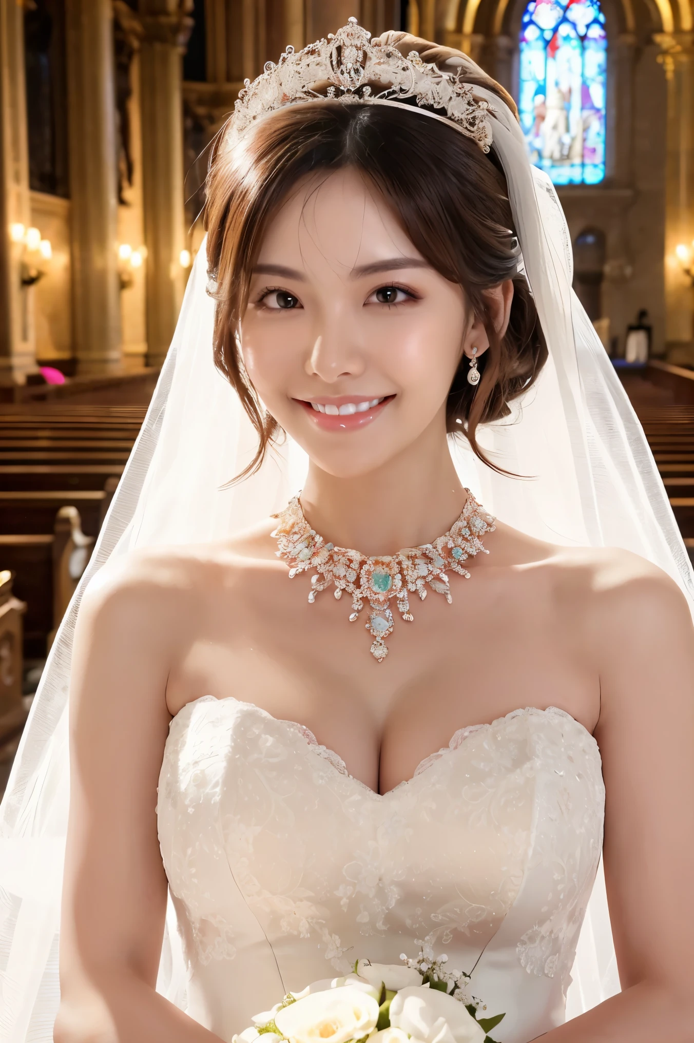 (highest quality、Tabletop、8k、Best image quality、Award-winning works)、One beautiful bride、(alone:1.1)、(The most extravagant and luxurious huge wedding dresses:1.1)、(Perfect Wedding Lace:1.2)、(The most luxurious and luxurious giant tiara:1.1)、(The most luxurious and luxurious giant necklace:1.1)、Look at me with your best smile、A large amount of the finest jewelry、Upper body photo、Perfect Makeup、Long eyelashes、Ultra-high definition sparkling eyes、Ultra HD Hair、Ultra High Resolution Glossy Lips、Ultra High Resolution Perfect Teeth、Super high resolution beautiful face、(Accurate anatomy:1.1)、(Very bright and beautiful skin:1.2)、(very bright and vivid:1.2)、Short bridal hairstyle、A gorgeous and elegant church、Gorgeous beautiful church