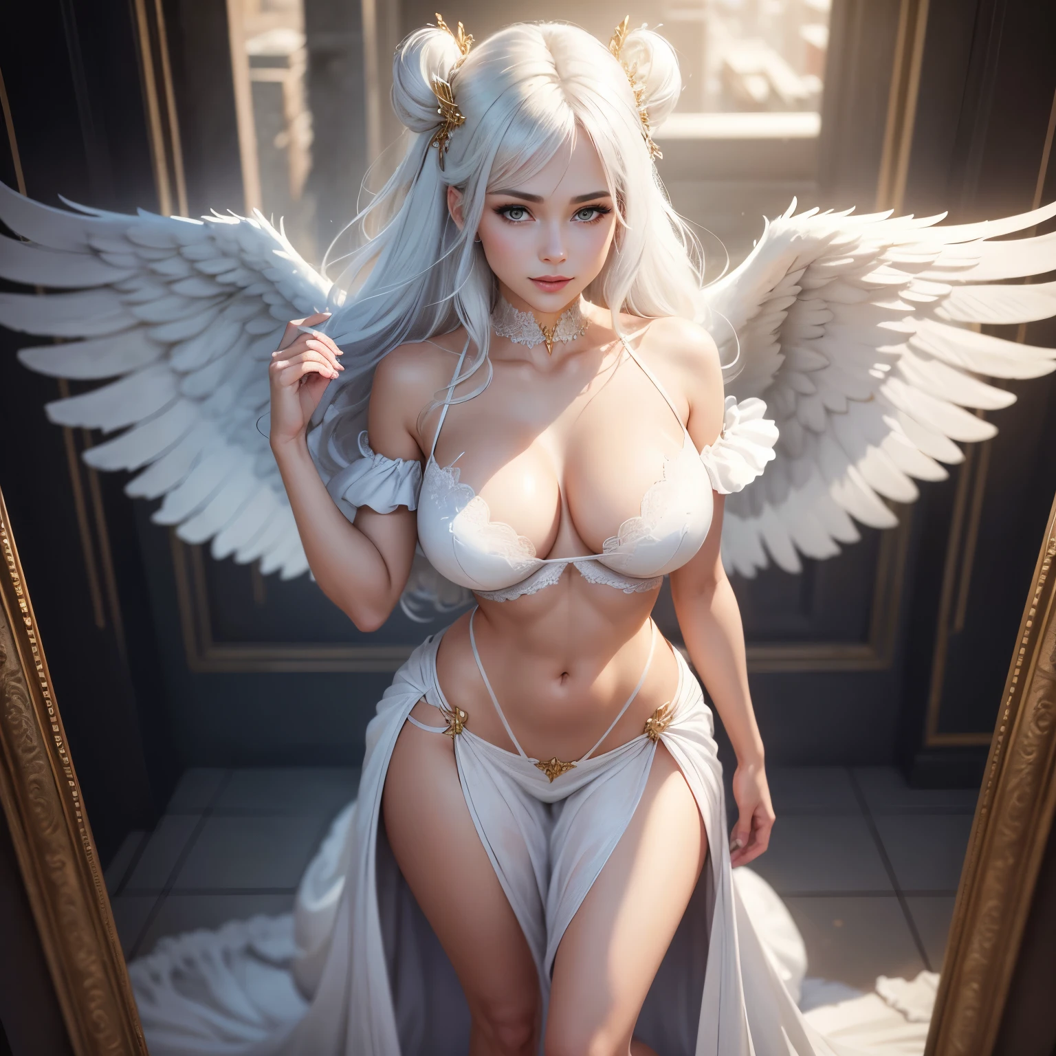 portrait, full body shot, wide shot, 8k, super detail, ccurate, best quality, 16k, highres, best quality, award winning, super detail, anatomically correct, masterpiece, retina, UHD, Ombre, Smile, Cleavage, Pure, High heels, Highly detailed facial and skin textures, Detailed eyes, (photorealistic:1.4, clear:1.2, perfect body, beauty:1.4, slim abdomen:1.2, big breasts:1.2, fit:1.5, full-body shot:1.4, random hairstyles:1.2), choker, 1 angel girl, shining wings, shining halo, exquisite headdress, beautiful female angel, large wings, white hair, white wings, dress, beautiful angel on clouds, golden eyes, laces, glitter, no bra, offshoulder
