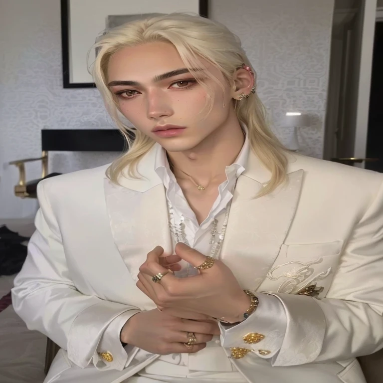 Hombre rubio con traje blanco y joyas de oro posando para una foto., delicate androgynous prince, beautiful androgynous prince, cai xukun, chica con traje, jossi de blackpink, an epic non-binary model, chico en traje, su cabello es blanco, con el pelo largo y blanco, extremely pale blonde hair, jia, portrait of jossi de blackpink