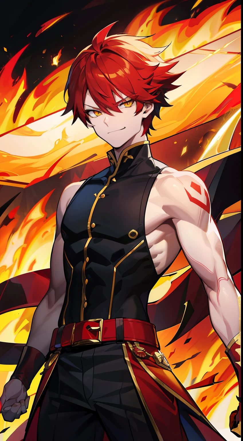 Grown-up guy, short red and white hair, Yellow eyes, musculature, smirk, Sleeveless black bodysuit, fire, Sleeveless, fire Elements, Masterpiece, hiquality, higly detailed, HD, 4k,Half sleeve coat,black shirt, Raise your hair,