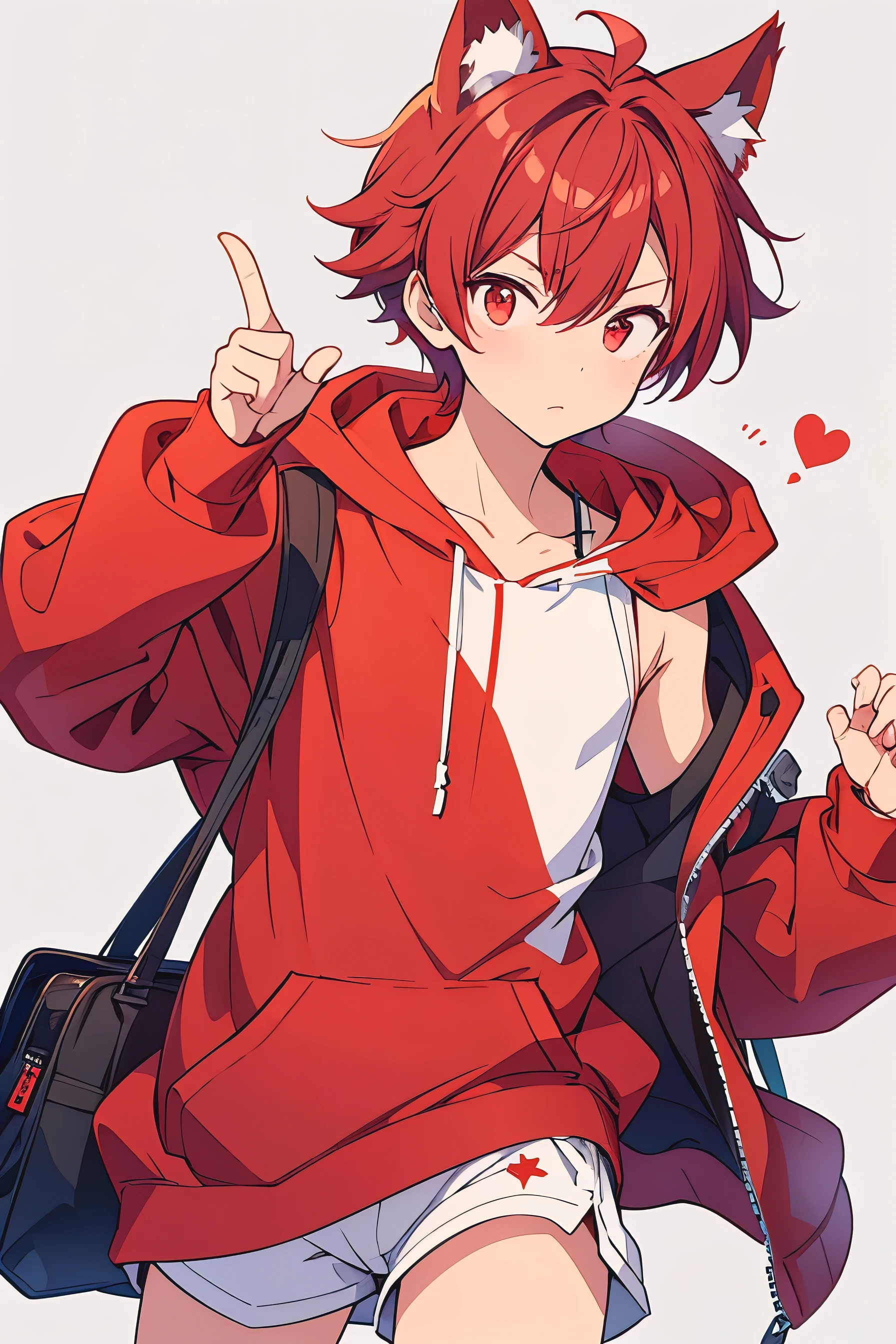 A boy high schoolred hair, wolf ears, a baggy red open hoodie that shows off his shoulders, pointing with his right index finger and making a "Bakkyuu" gesture with his left hand