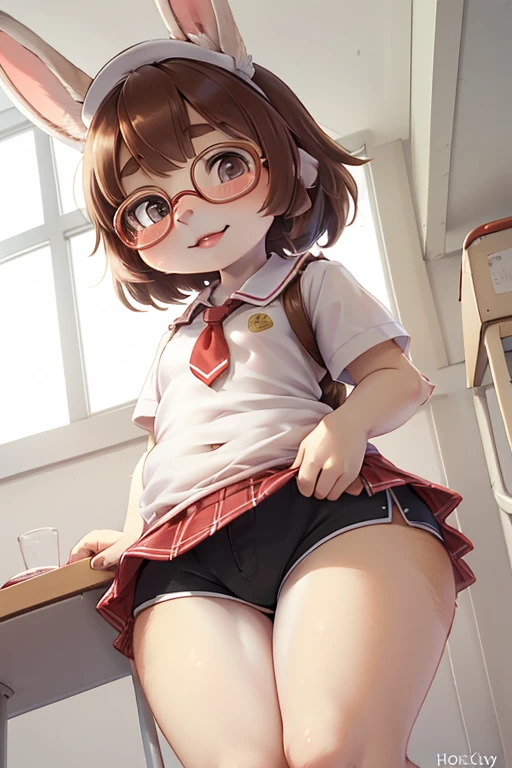 (not nsfw) , Dutch angle , focus face , hairy bunny Short stature girl , (realistic hairy bunny fur:1.2) , round face , (tilt face:1.2) , geek , (half-open eyes) , Swollen cheeks , glossy lips , eyewear , in the school , neat school sailor , skirt , (lowleg shorts)