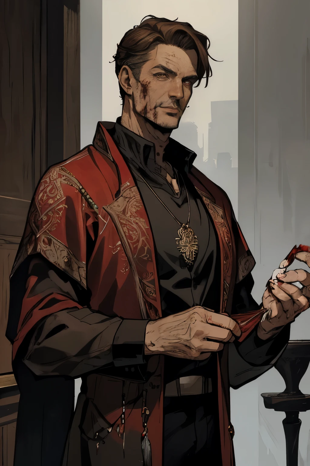 elegant man, in his 50s, mature, (brown hair, gray temples), warlock, (red amulet, blood on the amulet), intricate details of clothing, fantasy style