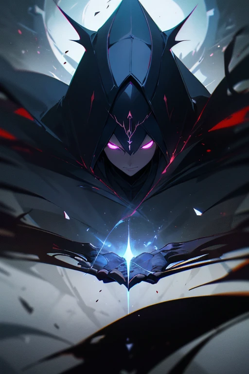 Create a stunning image of Shadow Eminence, the leader of the Hidden Shadow Order. He should be depicted wearing a dark cape and hood, with glowing eyes and an enigmatic expression. The image should capture the mysterious and powerful nature of Shadow Eminence, conveying a sense of intrigue and anticipation. Use dark colors and dramatic lighting to create a moody, atmospheric atmosphere