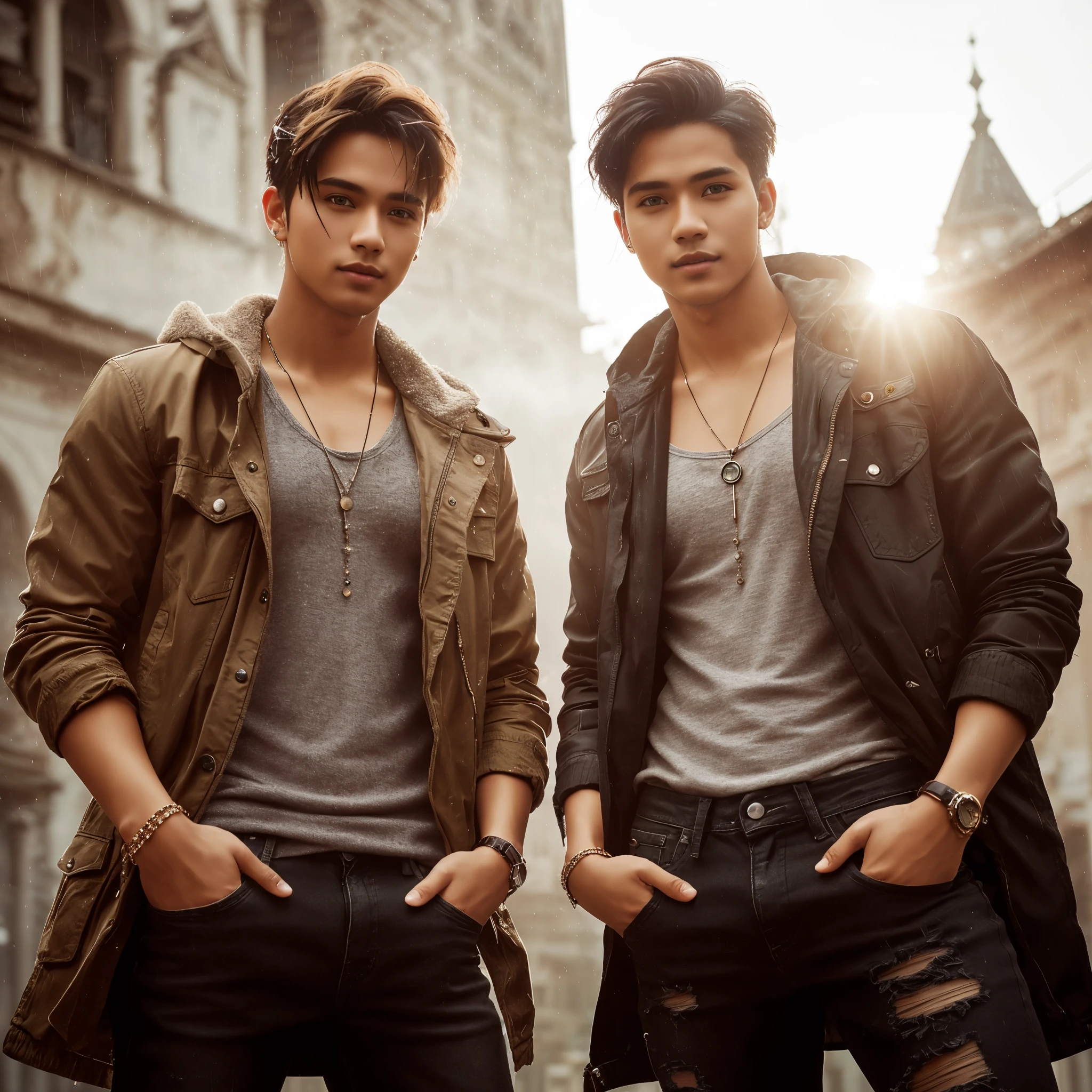 Professional photography, masterpiece, full body, two handsome Indonesian men, confident, charming, thin smiles, trendy short blonde hair, wearing parka jacket cosplayer assassin,with some necklace, they brown skin, long black ripped jeans at the knee, attractive poses, set on top of an old Italian building, dramatic lighting, lens flare, glitter effect, resembling photo Sony 7000D, ultra realistic, high definition with added elements of rain or fog