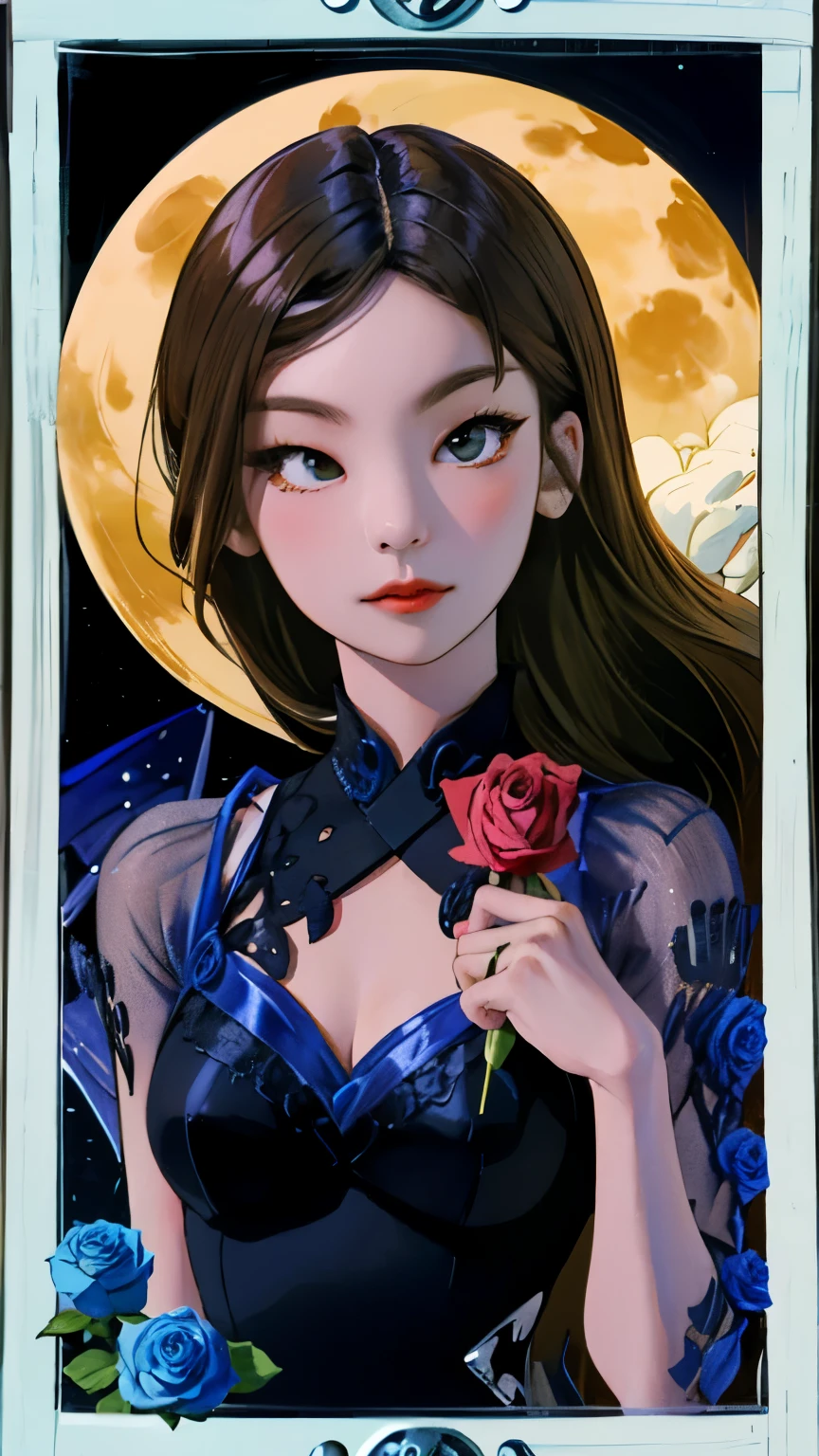 handle, handleก้านกุหลาบ, korean woman, ((close range)), ((rose moon)), Moonlight reflecting on the water surface, see the horizon, crescent moon, High quality, sharp line, bow on dress, bow in hair, ((dark sky)), ((Fashion Dresses)), ((Tarot card frame)), ,