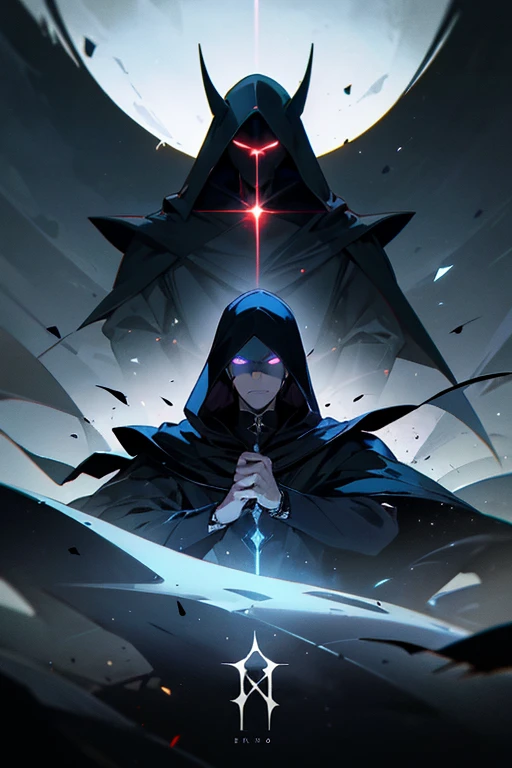 Create a stunning image of Shadow Eminence, the leader of the Hidden Shadow Order. He should be depicted wearing a dark cape and hood, with glowing eyes and an enigmatic expression. The image should capture the mysterious and powerful nature of Shadow Eminence, conveying a sense of intrigue and anticipation. Use dark colors and dramatic lighting to create a moody, atmospheric atmosphere make a icon for group