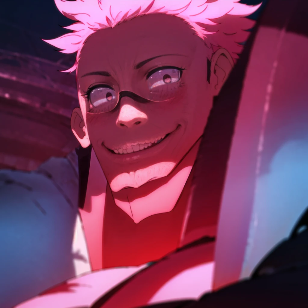 He looks forward and smiles, a strong man with pink hair and pink eyes, a confident look