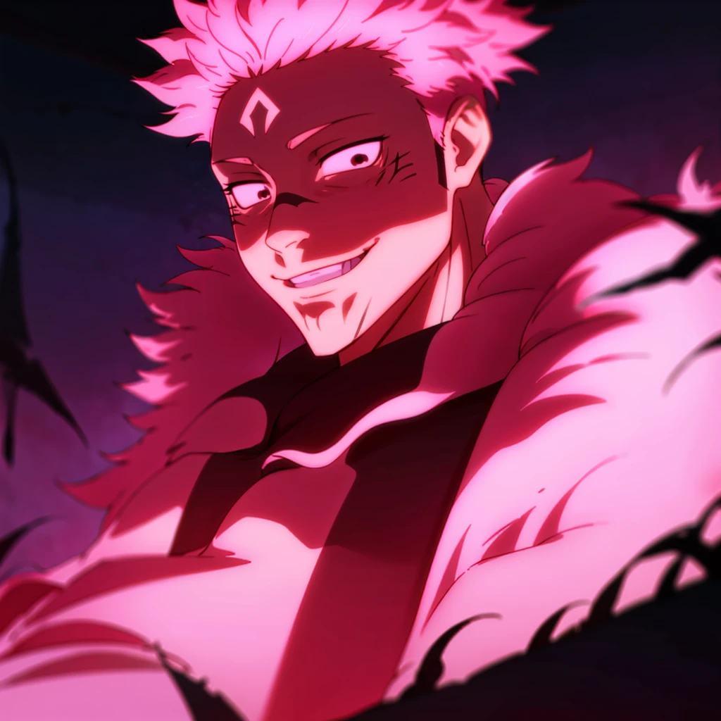 He looks forward and smiles, a strong man with pink hair and pink eyes, a confident look