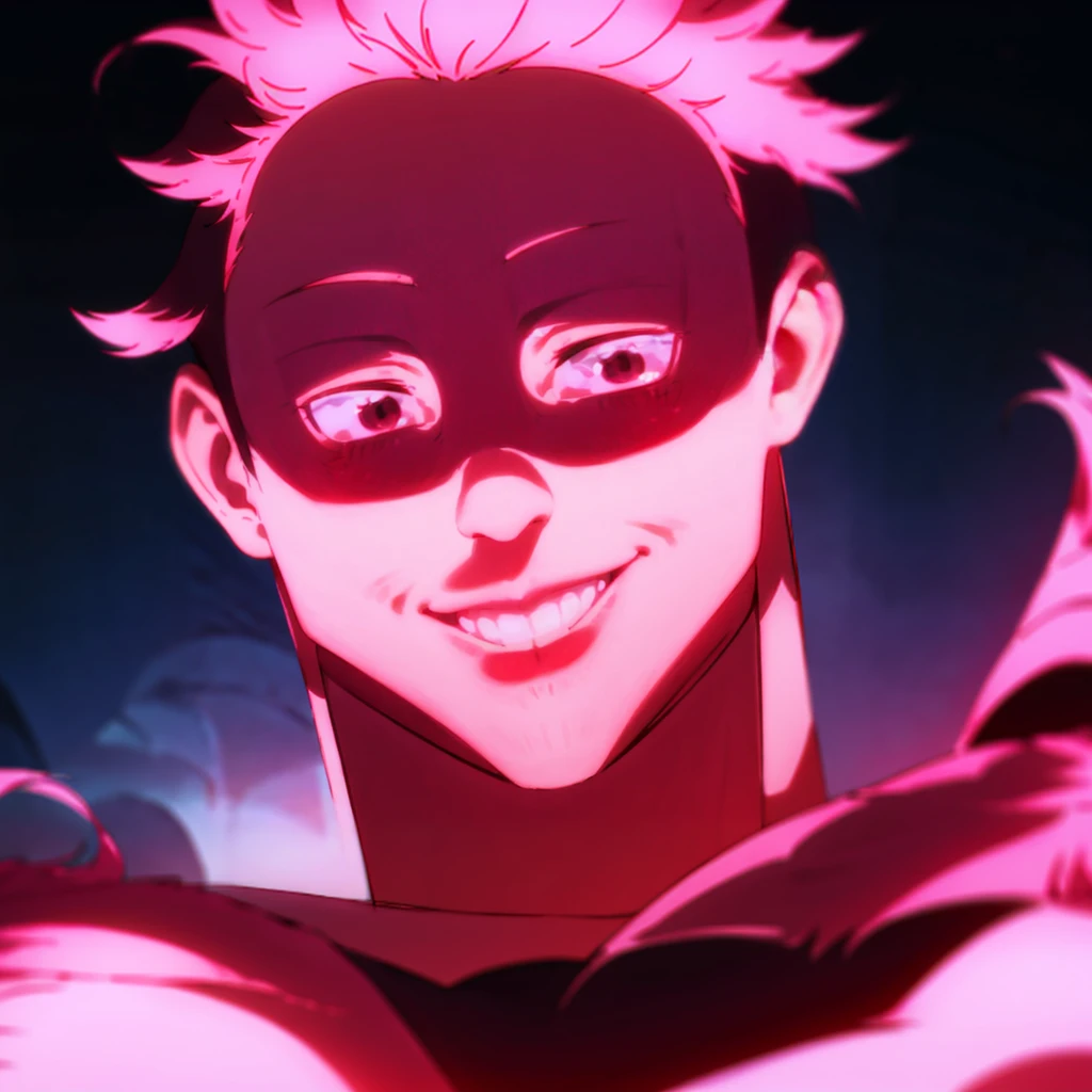 He looks forward and smiles, a strong man with pink hair and pink eyes, a confident look