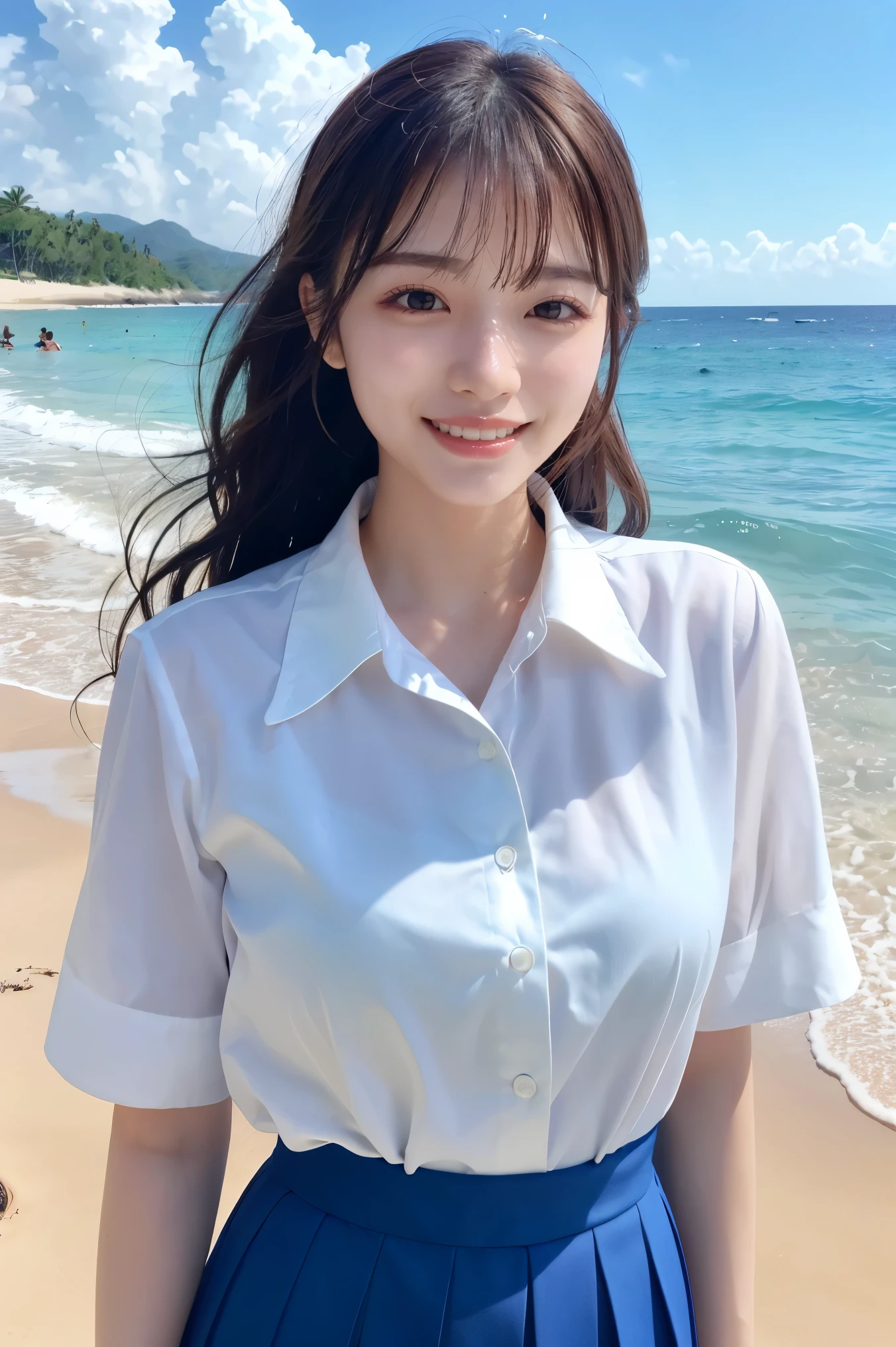 (highest quality、masterpiece、8k、Best image quality、Hyperrealism、Award-winning works)、(A high school girl in a high school uniform:1.1)、(alone:1.2)、(Polyester collared shirt:1.2)、(Navy Pleated Skirt:1.1)、(Standing Elegantly:1.2)、(最も自然でwide々Standing on a beautiful and perfect beach:1.2)、(wide々Standing on the shore of beautiful waves:1.1)、(Beautiful perfect sandy beach:1.1)、(Beautiful sunny sky:1.1)、(Beautiful thunderclouds:1.1)、Beautiful sea、(透き通って鮮やかなBeautiful sea:1.1)、Complex sea glow、Beautiful seaの詳細が描かれています、(Large Breasts:1.1)、(Accentuate your body lines:1.1)、Accurate anatomy、Perfect Makeup、Long eyelashes、Glossy Lips、Ultra HD glossy skin、(Ultra-high definition, bright and beautiful skin:1.1)、超高精細のGlossy Lips、Ultra-high definition beautiful teeth、(Very bright and vivid:1.3)、(Vivid clear sky:1.1)、(Vivid clear sea:1.1)、(Bright and radiant skin:1.2)