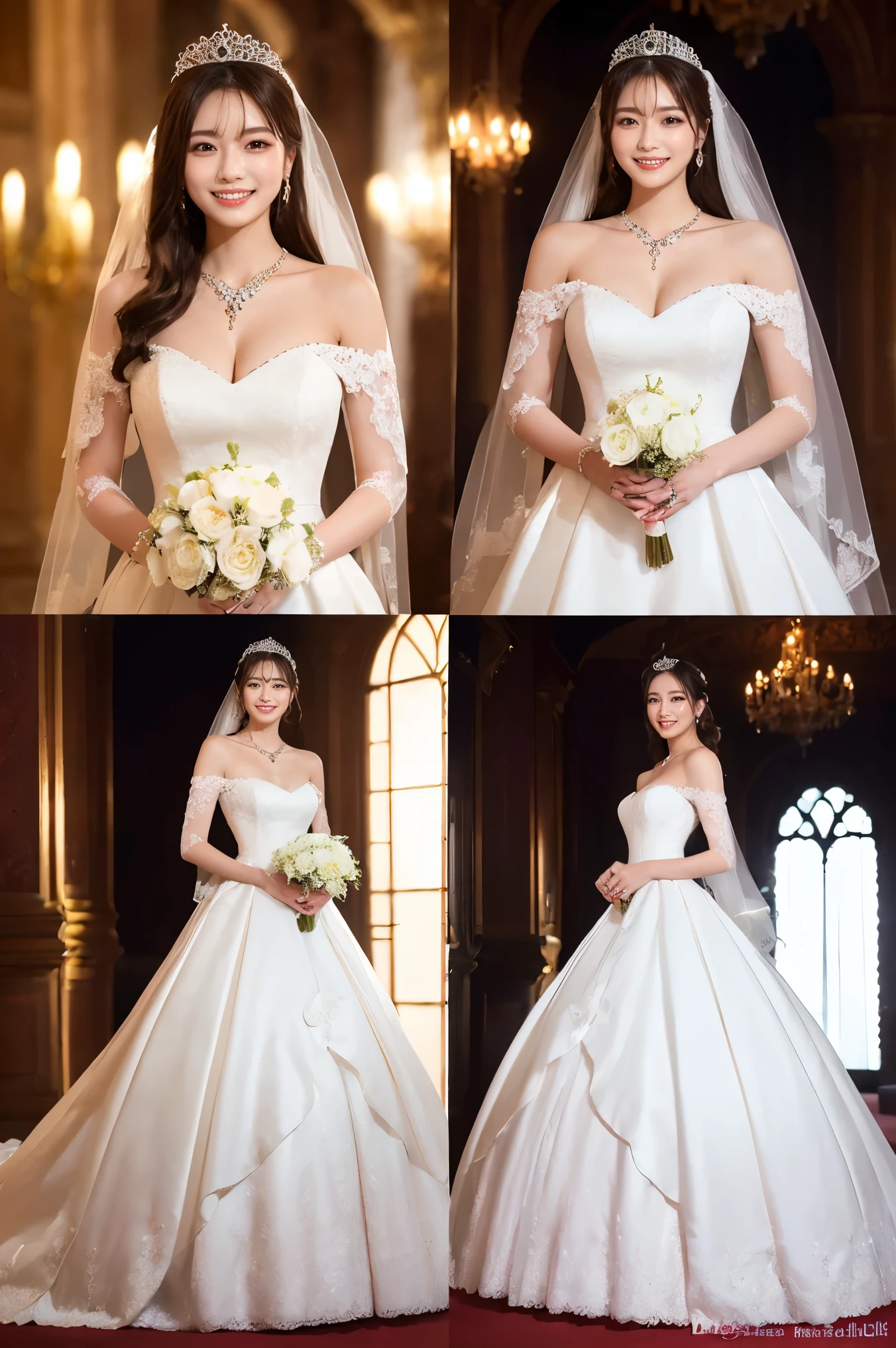 (Tabletop、highest quality、8k、Extremely fine and exquisite detail、The most complex and detailed textures、Ultra-high resolution)、(A princess in a wedding dress:1.1)、(The most gorgeous and luxurious princess wedding dress:1.2)、(Perfect top-quality wedding lace:1.1)、(最も贅沢なhighest qualityの巨大なティアラ:1.2)、(The ultimate tiara with huge jewels:1.1)、(Huge jewelry top-end necklace:1.1)、(最も贅沢なhighest qualityの巨大なネックレス:1.2)、(The most extravagant wedding dresses with a plethora of jewellery:1.1)、(A luxurious wedding dress with intricate and beautiful details:1.1)、Cleavage、The most luxurious and elegant decoration、Upper body photo、The most luxurious palace wedding、An elegant and modern palace、Stylish and elegant palace、Upper body photo、The best smile when he sees me、The most lavish wedding