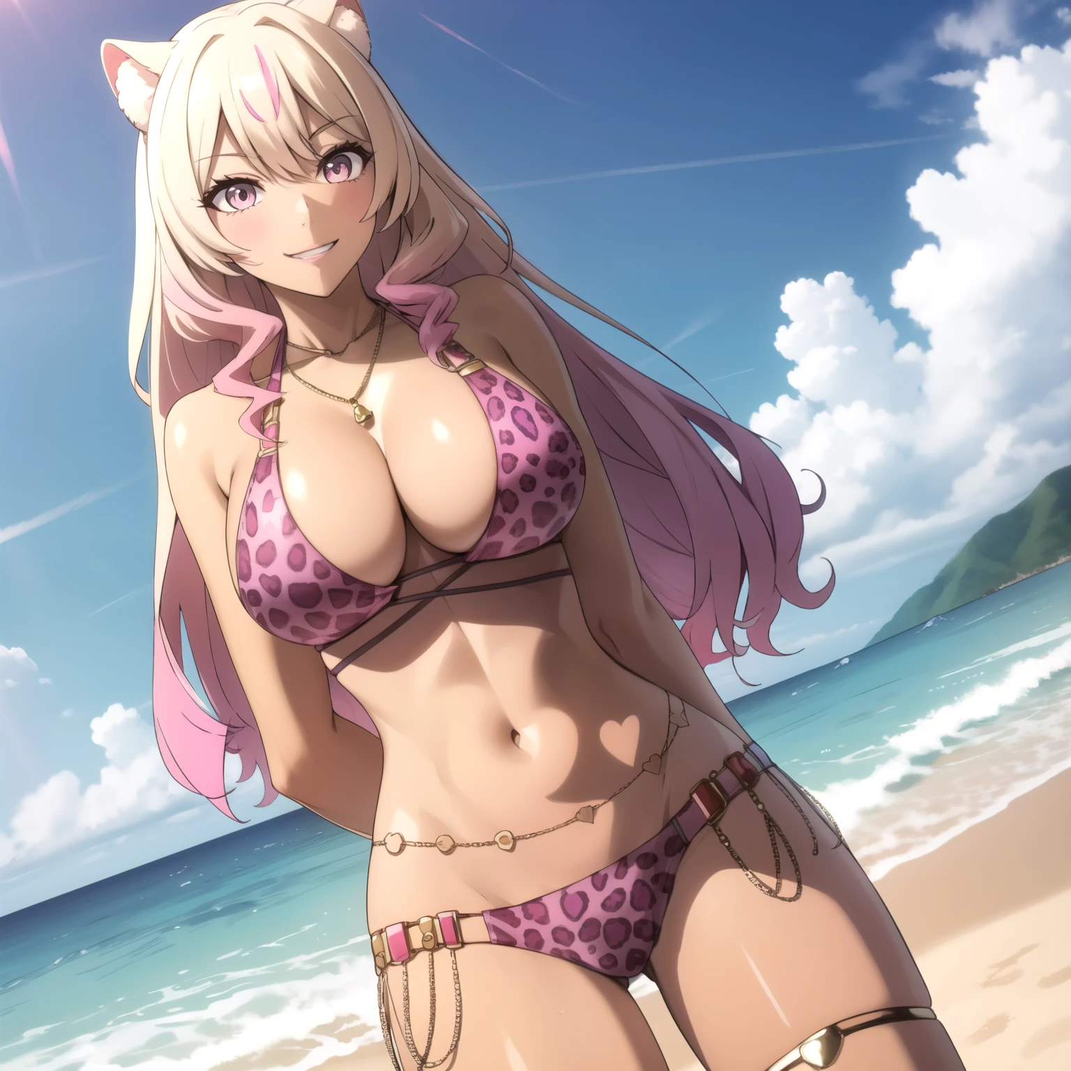Raphtalia woman 24 years old blonde hair with pink tips , orejas de oso, ojos rosados, piel morena, piel bronceada, piel morena pechos grandes , pink leopard print bikini, sonrisa, arms behind the back., background a tropical beach sunny day. ojos dorados brillantes. pechos grandes. una sola mujer esta sola.
