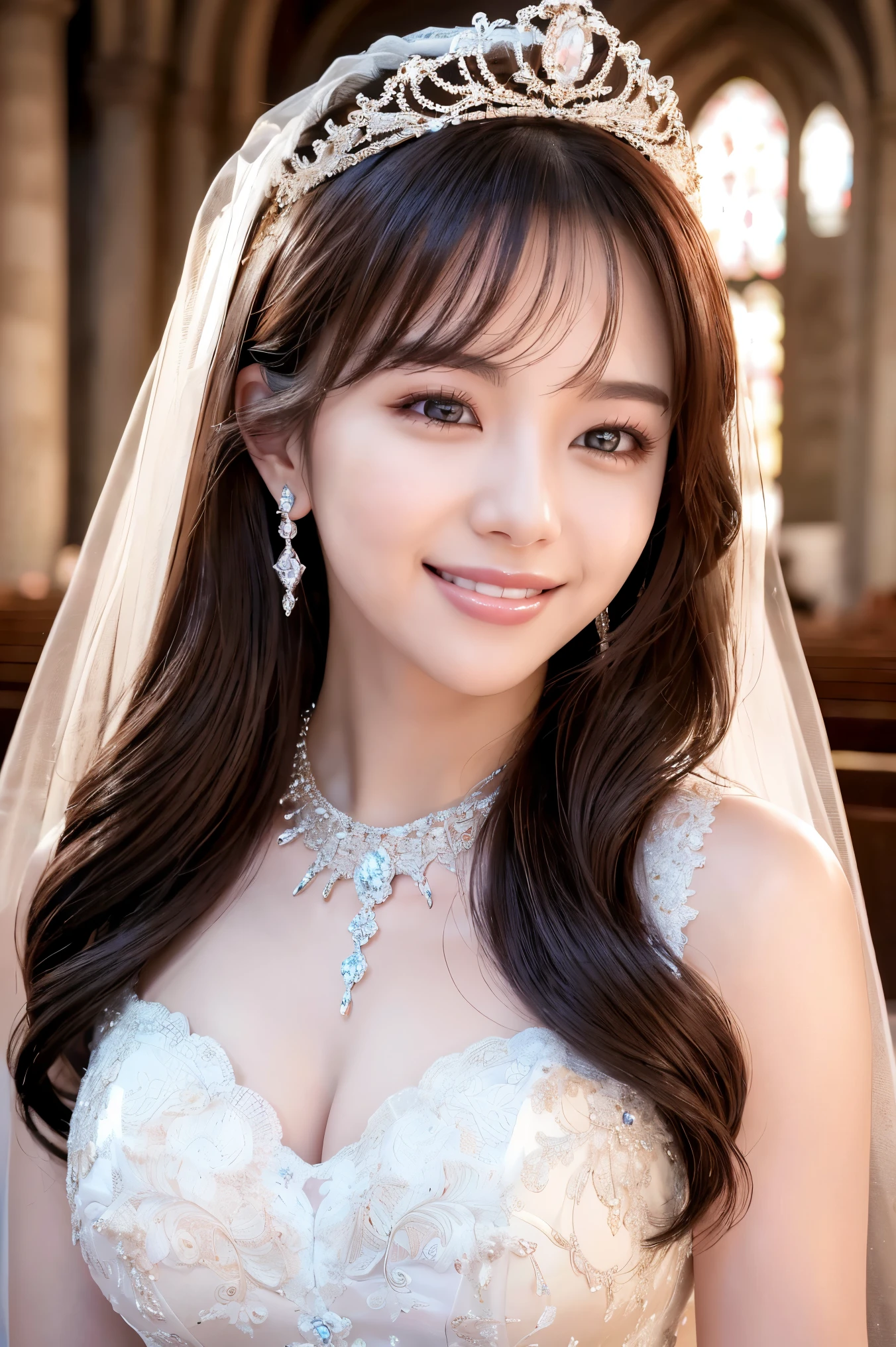 (highest quality、Tabletop、8k、Best image quality、Award-winning works)、One beautiful bride、(alone:1.1)、(The most extravagant and luxurious huge wedding dresses:1.1)、(Perfect Wedding Lace:1.2)、(The most luxurious and luxurious giant tiara:1.1)、(The most luxurious and luxurious giant necklace:1.1)、Look at me with your best smile、A large amount of the finest jewelry、Upper body photo、Perfect Makeup、Long eyelashes、Ultra-high definition sparkling eyes、Ultra HD Hair、Ultra High Resolution Glossy Lips、Ultra High Resolution Perfect Teeth、Super high resolution beautiful face、(Accurate anatomy:1.1)、(Very bright and beautiful skin:1.2)、(very bright and vivid:1.2)、Short bridal hairstyle、A gorgeous and elegant church、Gorgeous beautiful church