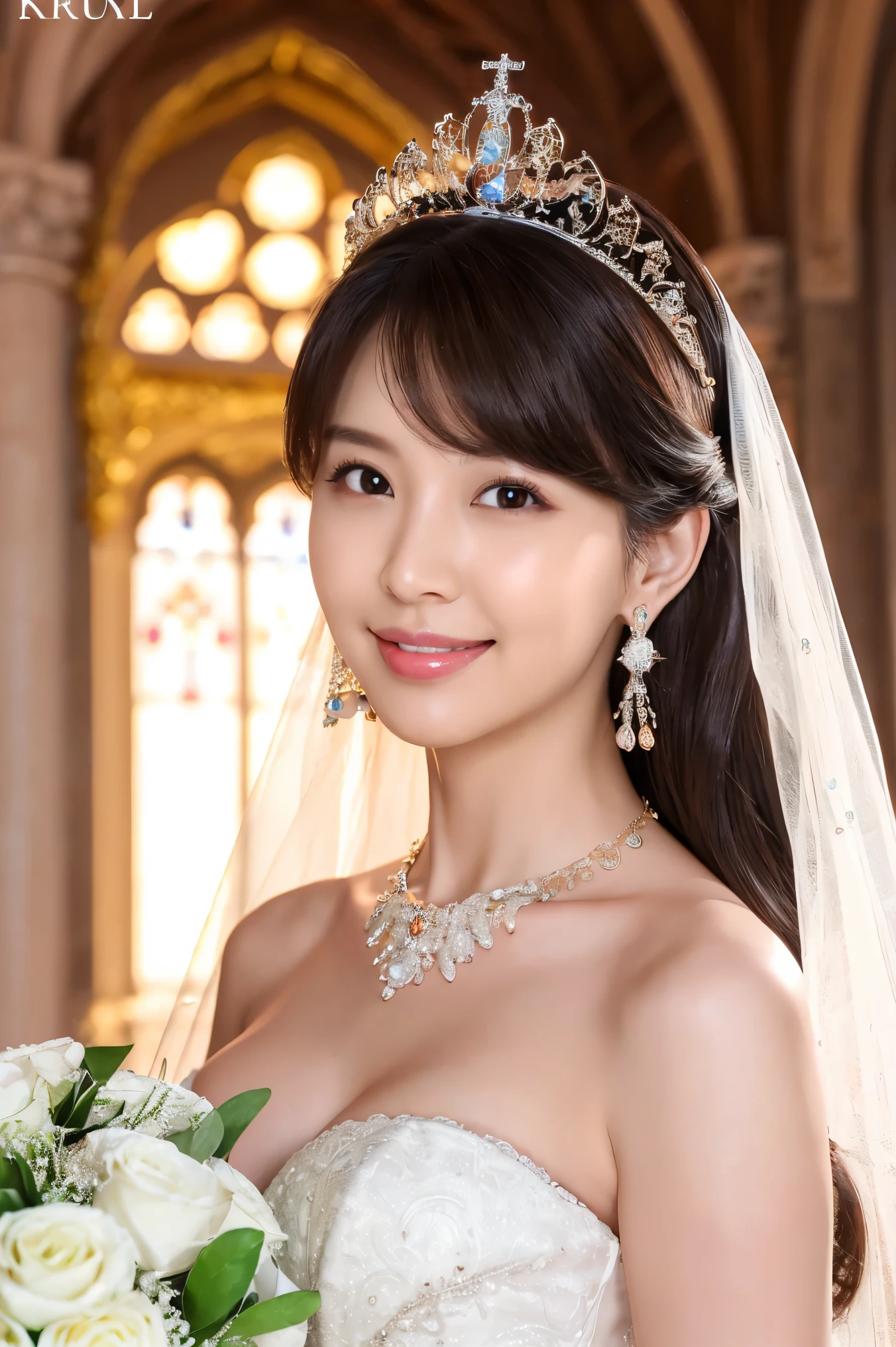 (highest quality、Tabletop、8k、Best image quality、Award-winning works)、One beautiful bride、(alone:1.1)、(The most extravagant and luxurious huge wedding dresses:1.1)、(Perfect Wedding Lace:1.2)、(The most luxurious and luxurious giant tiara:1.1)、(The most luxurious and luxurious giant necklace:1.1)、Look at me with your best smile、A large amount of the finest jewelry、Upper body photo、Perfect Makeup、Long eyelashes、Ultra-high definition sparkling eyes、Ultra HD Hair、Ultra High Resolution Glossy Lips、Ultra High Resolution Perfect Teeth、Super high resolution beautiful face、(Accurate anatomy:1.1)、(Very bright and beautiful skin:1.2)、(very bright and vivid:1.2)、Short bridal hairstyle、A gorgeous and elegant church、Gorgeous beautiful church