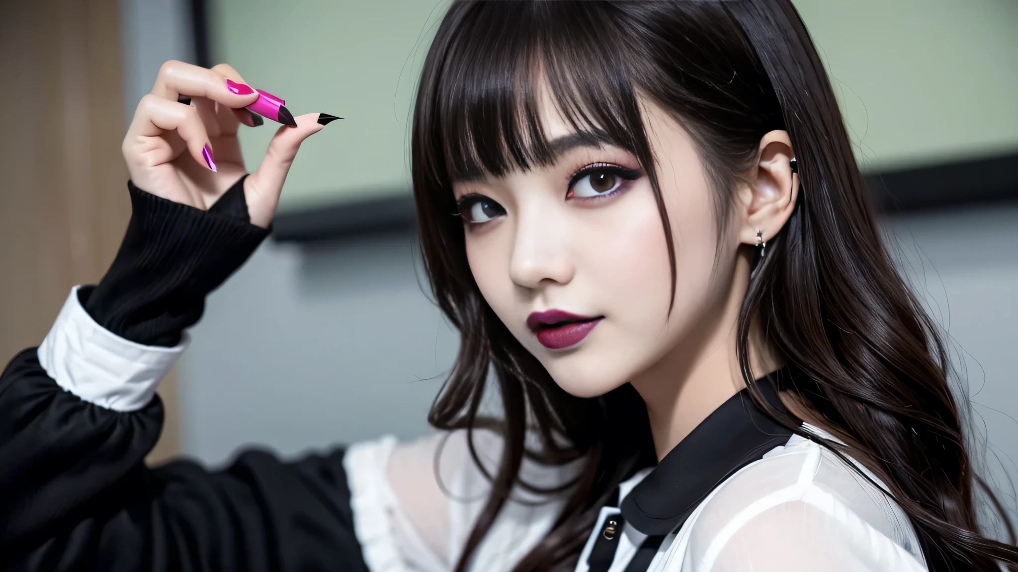 best quality、ultra-detailed、4k、Japanese、Seductive beauty、seductive adult woman、Pretty Woman、cool girl、Villainess、Brainwashed、brainwash、Fallen into evil、smirk、Evil look、Wicked Smile、evil、Brown hair、wavy hair、swept bangs、dark makeup、dark makeup、piercing eyes、hollow eyes,half-closed eyes、Hollow Eyes、purple Eyeshadow、black lipstick、black lipglos、student、uniform、Black cardigan、White Shirt、Black Ribbon、flare skirt、pantyhose、night、inside darkroom、Applying lipstick、Emblem of Evil、Crest of Darkness、Swear allegiance、I have pledged my allegiance、Dye black、Blackening、Stained with evil、Dyed in darkness、Seduce