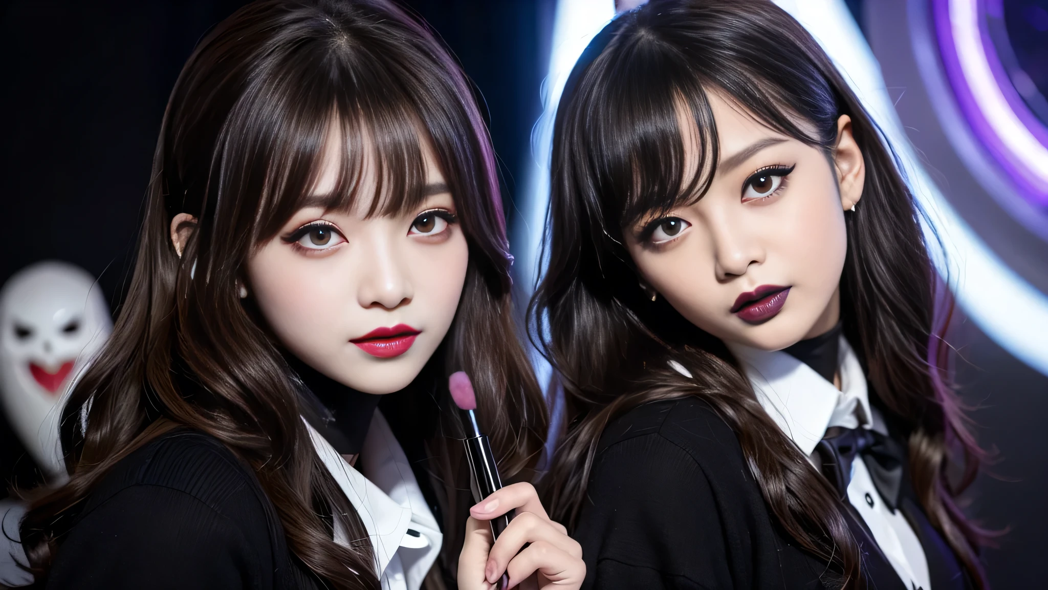 best quality、ultra-detailed、4k、Japanese、Seductive beauty、seductive adult woman、Pretty Woman、cool girl、Villainess、Brainwashed、brainwash、Fallen into evil、smirk、Evil look、Wicked Smile、evil、Brown hair、wavy hair、swept bangs、dark makeup、dark makeup、piercing eyes、hollow eyes,half-closed eyes、Hollow Eyes、purple Eyeshadow、black lipstick、black lipglos、student、uniform、Black cardigan、White Shirt、Black Ribbon、flare skirt、pantyhose、night、inside darkroom、Applying lipstick、Emblem of Evil、Crest of Darkness、Swear allegiance、I have pledged my allegiance、Dye black、Blackening、Stained with evil、Dyed in darkness、Seduce