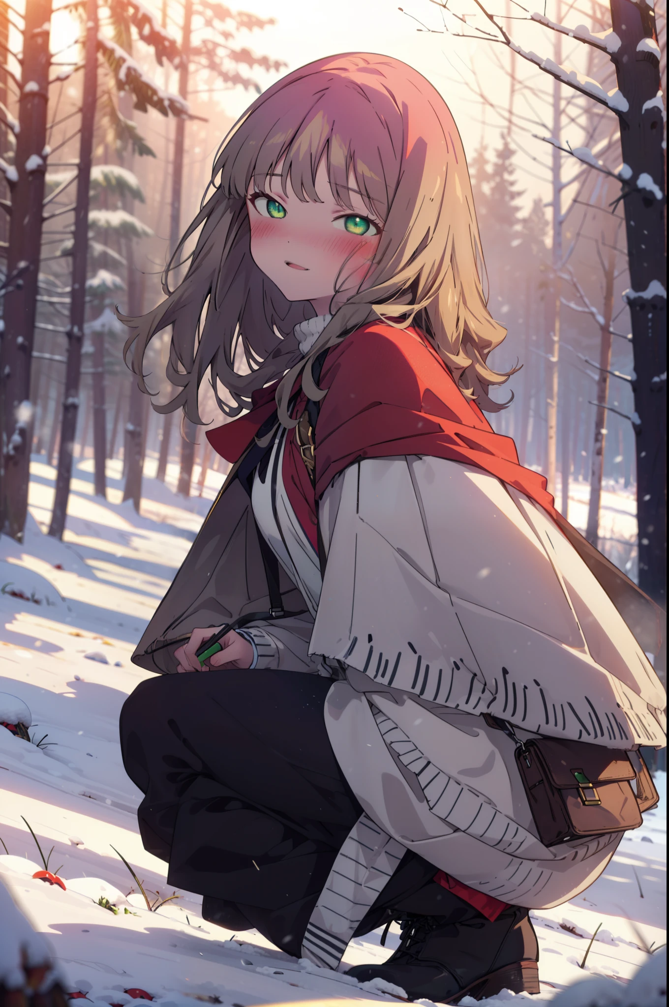 minami yume ,sss Dynazenon ,Long Hair, Brown Hair, (Green Eyes:1.5) ,Medium Chest,hair band,smile,blush,White Breath,
Open your mouth,snow,Ground bonfire, Outdoor, boots, snowing, From the side, wood, suitcase, Cape, Blurred, having meal, forest, White handbag, nature,  Squat, Mouth closed, Cape, winter, Written boundary depth, Black shoes, red Cape break looking at viewer, Upper Body, whole body, break Outdoor, forest, nature, break (masterpiece:1.2), highest quality, High resolution, unity 8k wallpaper, (shape:0.8), (Beautiful and beautiful eyes:1.6), Highly detailed face, Perfect lighting, Extremely detailed CG, (Perfect hands, Perfect Anatomy),