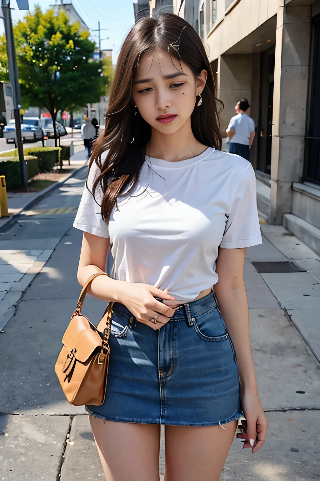 (8k,RAW Photos、RAW Photos、highest quality、masterpiece:1.2)、Very detailed、Super Resolution、(Realistic:1.3)、((Cowboy Shot:1.4))、Sharp depiction of light and shadow、High-resolution RAW color photos、Professional photos、((On the sidewalk at midday:1.4))、((A high school girl making a phone call on her smartphone:1.4))、Drawing faithful to anatomy、((Slim woman:1.4))、Very detailed and beautiful、super high quality、((Long Hair Girl:1.4))、beautiful girl、((A girl wearing a white short-sleeved off-the-shoulder shirt:1.4))、((Short sleeve off whiteTshirt:1.4))、((A woman wearing a denim miniskirt that accentuates her thighs.:1.4))、Upper Body、((Girl holding smartphone to her ear:1.4))、((A woman is holding a handbag:1.4))、((A woman is crying:1.4))、