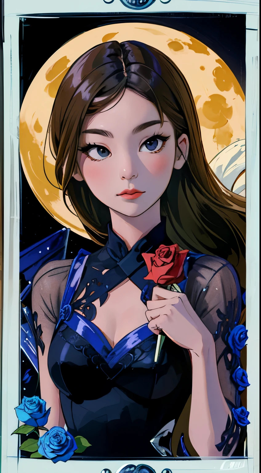 handle, handleก้านกุหลาบ, korean woman, ((close range)), ((rose moon)), Moonlight reflecting on the water surface, see the horizon, crescent moon, High quality, sharp line, bow on dress, bow in hair, ((dark sky)), ((Fashion Dresses)), ((Tarot card frame)), ,