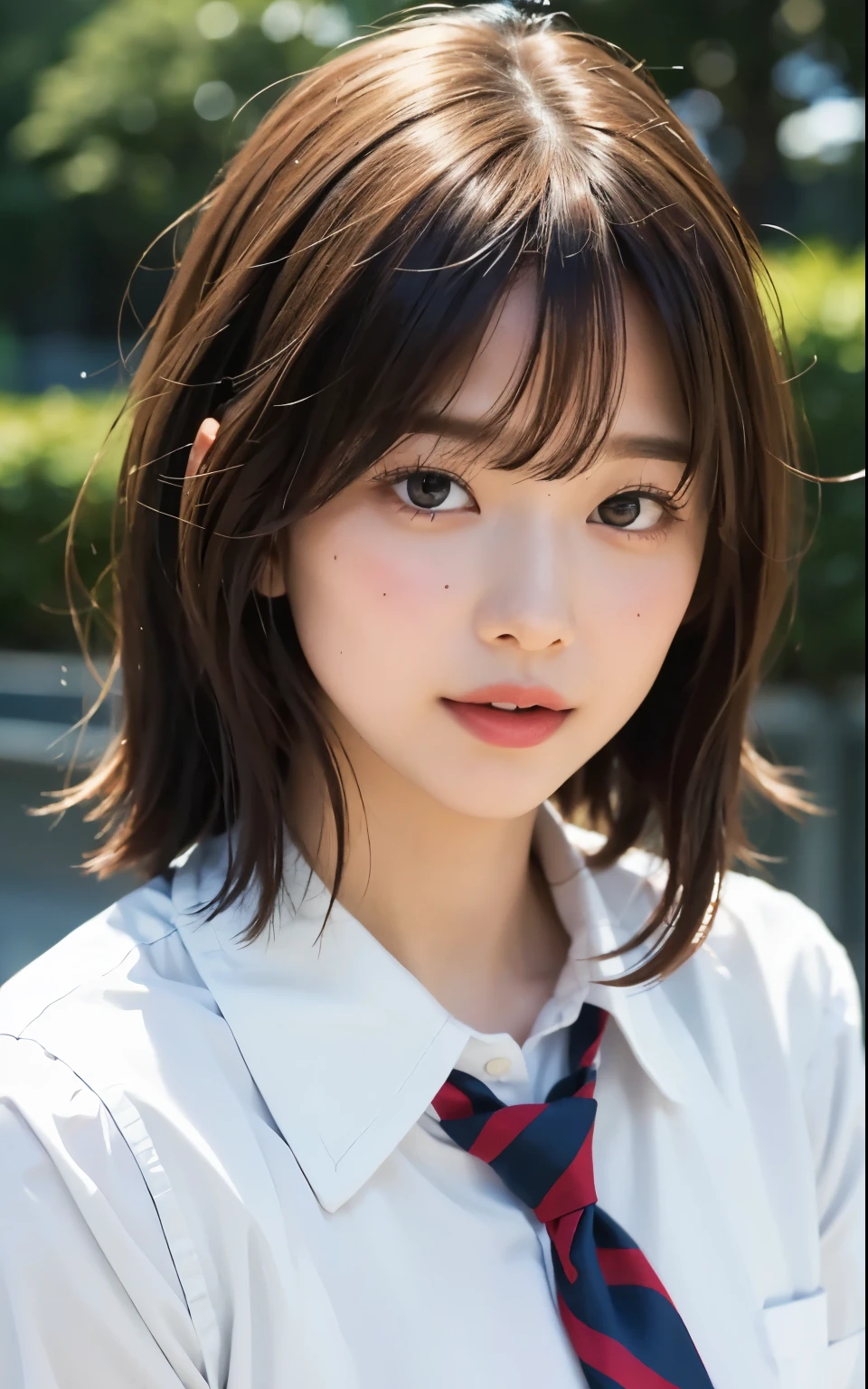 (highest quality:1.3)、(masterpiece:1.4)、Raw photo、8k、highest quality、high resolution、Beautiful face in every detail、Realistic human skin、Gentle expression、View from the front、color々From an angle、((Bob Hair))、(beautiful girl:1.4)、(the most beautiful girl in school:1.3)、Realistic、((One Woman))、Photorealistic、With bangs、((Beautiful Hair))、(Small face)、cute、(High school girls)、JK Uniform、(Schoolgirl Uniform)、White shirt、tie、Red cheeks、((She's in love))、(sexual excitement)、[[Long eyelashes]]、((Right before the kiss))、(I want to kiss)、(The excitement of kissing)、garden