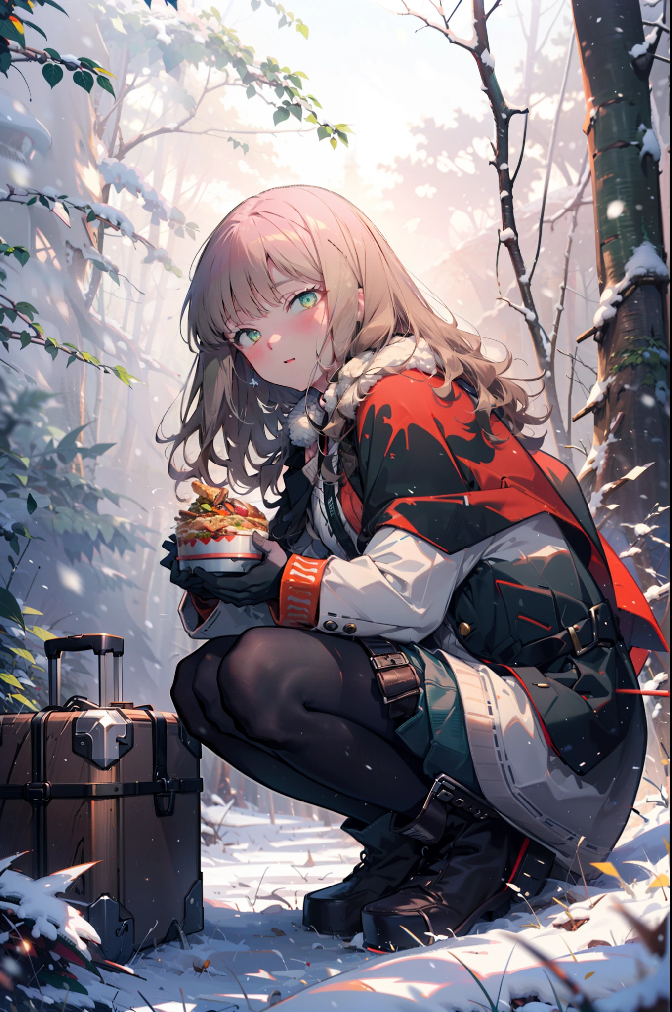 minami yume ,sss Dynazenon ,Long Hair, Brown Hair, (Green Eyes:1.5) ,Medium Chest,hair band,smile,blush,White Breath,
Open your mouth,snow,Ground bonfire, Outdoor, boots, snowing, From the side, wood, suitcase, Cape, Blurred, having meal, forest, White handbag, nature,  Squat, Mouth closed, Cape, winter, Written boundary depth, Black shoes, red Cape break looking at viewer, Upper Body, whole body, break Outdoor, forest, nature, break (masterpiece:1.2), highest quality, High resolution, unity 8k wallpaper, (shape:0.8), (Beautiful and beautiful eyes:1.6), Highly detailed face, Perfect lighting, Extremely detailed CG, (Perfect hands, Perfect Anatomy),