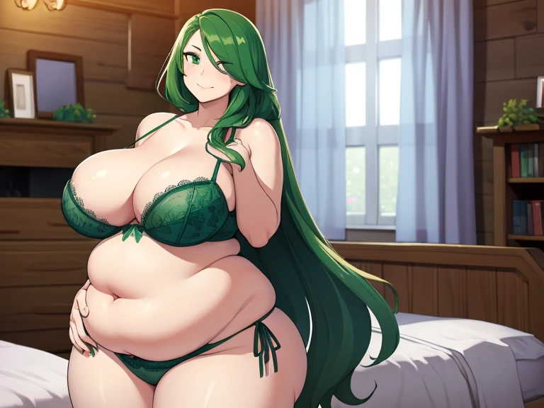  ((masterpiece,best quality)), caroline\(stardew valley\), solo, long loose hair, Green hair, green eyes, @_@, big breasts, Green bra, green panties, inside, farm bedroom, obese, standing, mom body, fat thighs, stardew valley, sexy, Belly fold, big Belly, fat ass, sexy face, hands on Belly, tá king of clothes